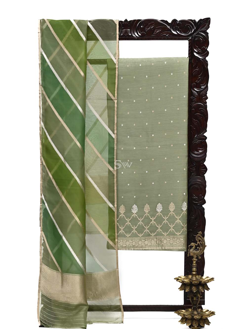 Moss Green Moonga Tussar Silk Handloom Banarasi Suit