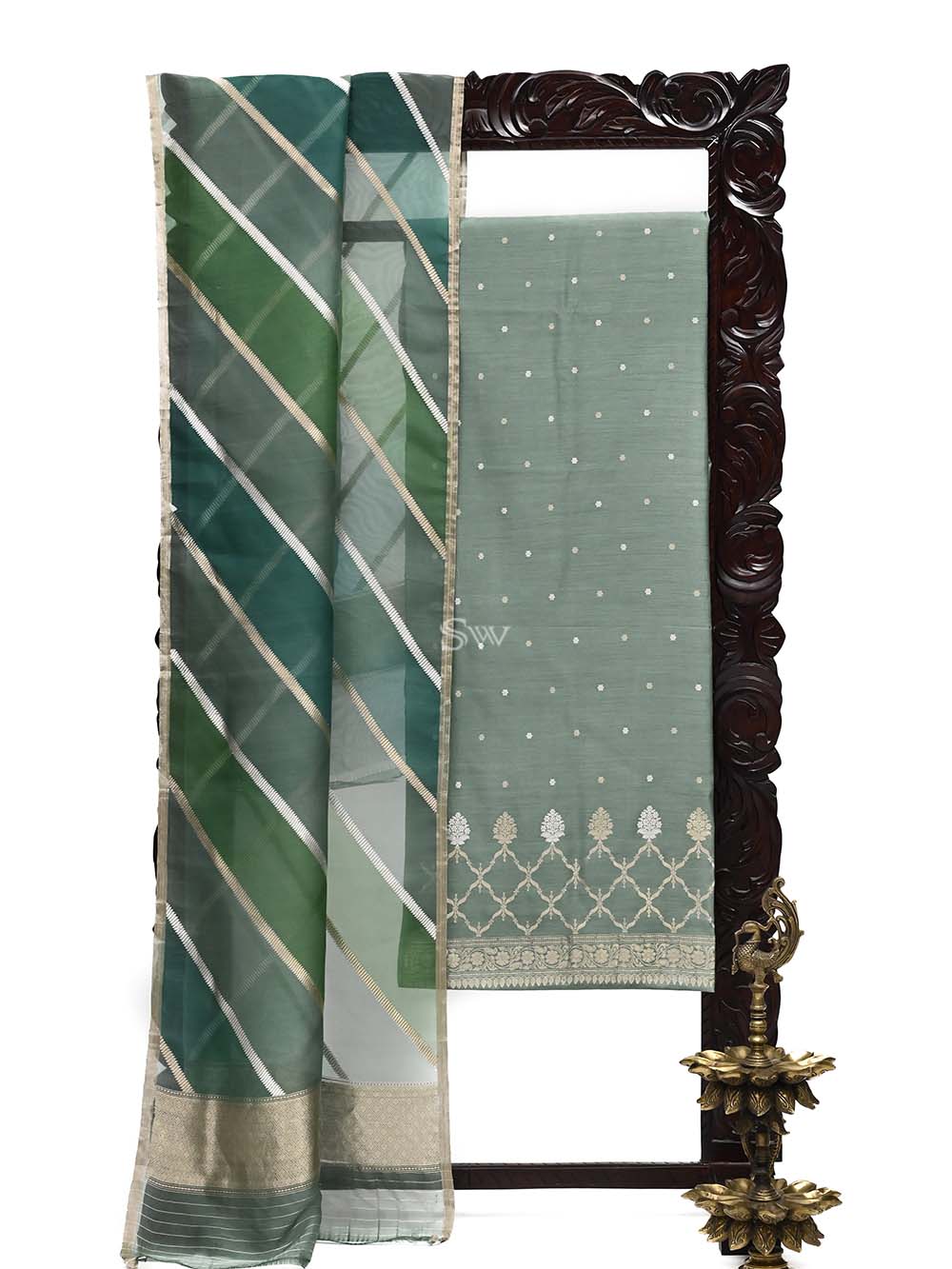 Dark Moss Green Moonga Tussar Silk Handloom Banarasi Suit - Sacred Weaves