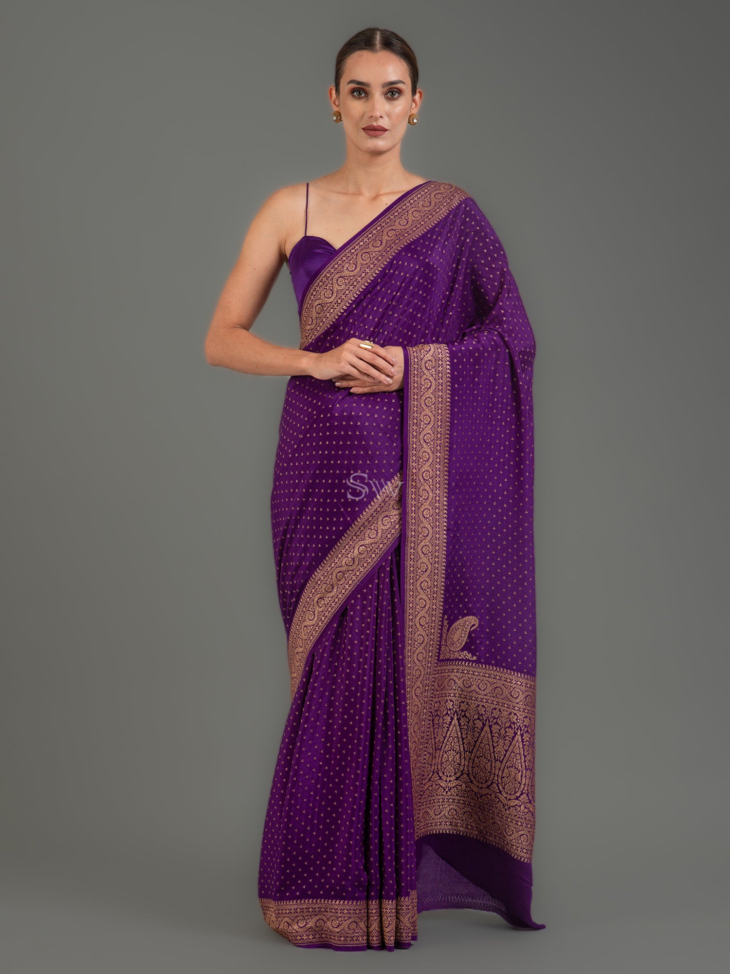 Purple Booti Crepe Silk Handloom Banarasi Saree -Sacred Weaves