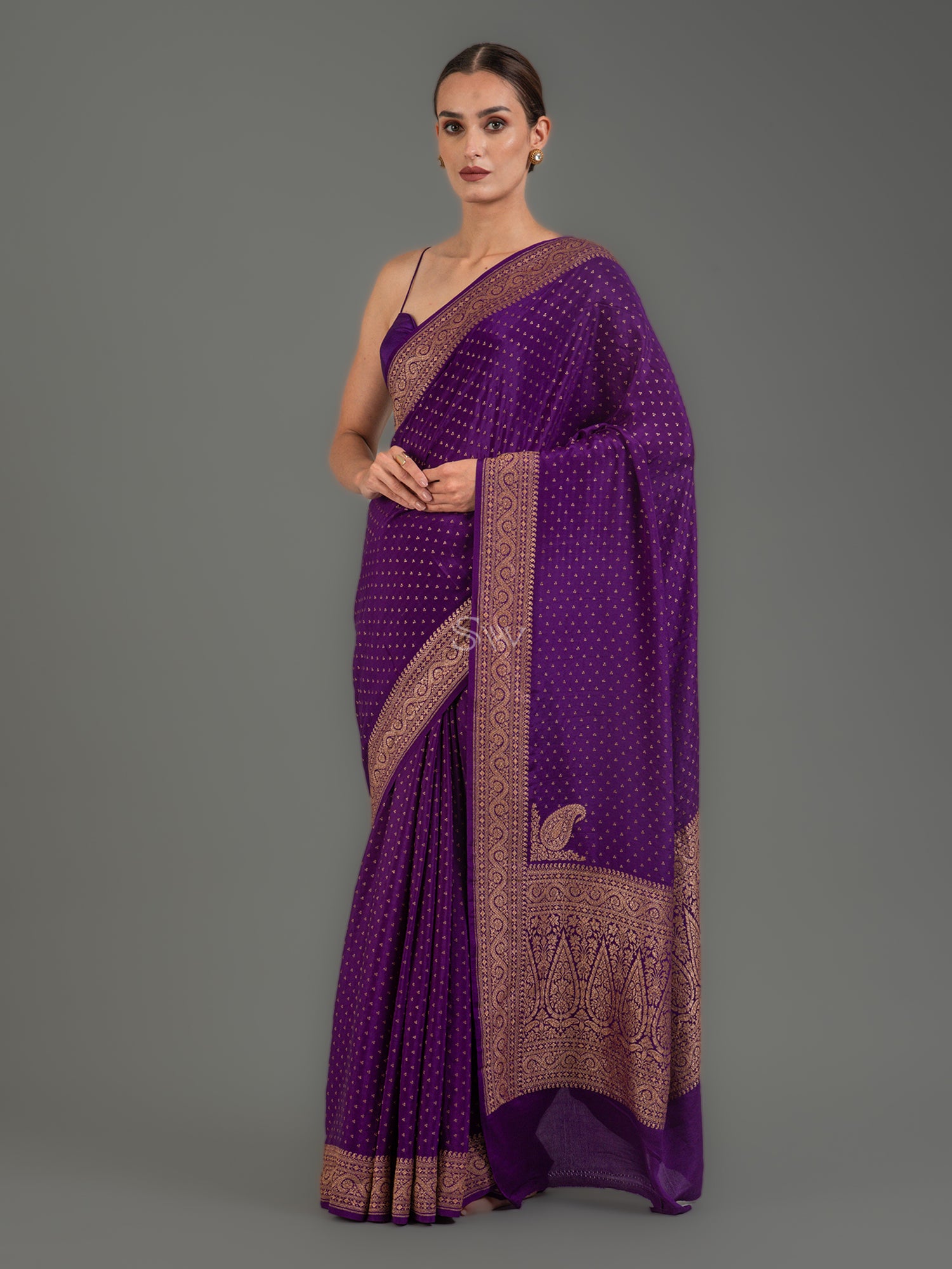 Purple Booti Crepe Silk Handloom Banarasi Saree -Sacred Weaves