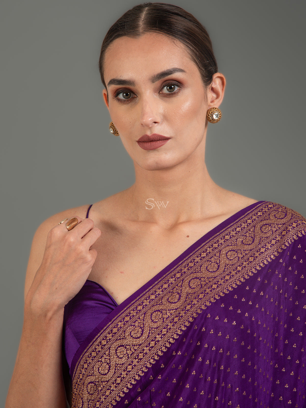 Purple Booti Crepe Silk Handloom Banarasi Saree -Sacred Weaves