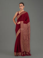 Maroon Plain Crepe Silk Handloom Banarasi Saree - Sacred Weaves