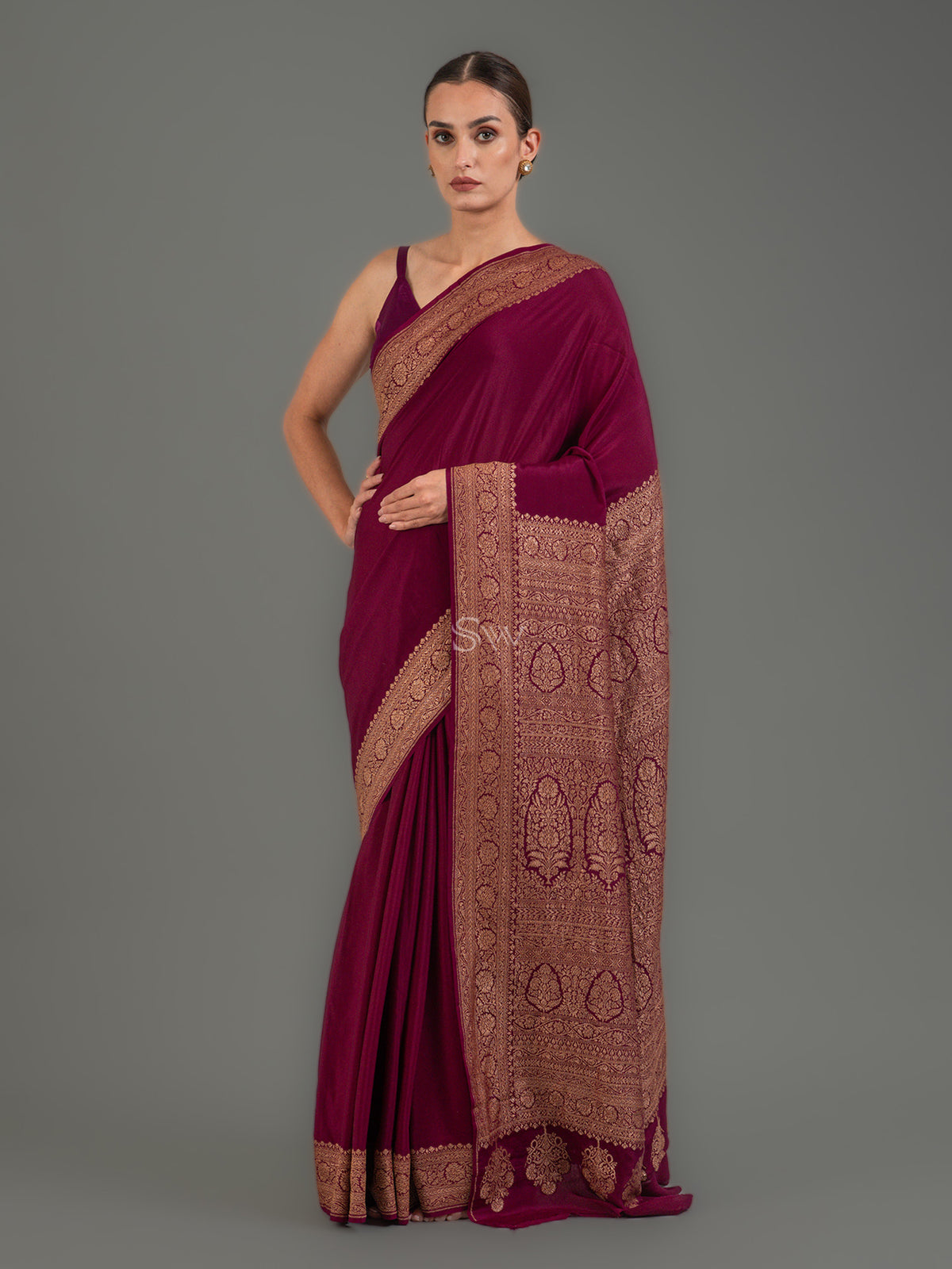 Wine Jaal Crepe Silk Handloom Banarasi Saree - Sacred Weaves
