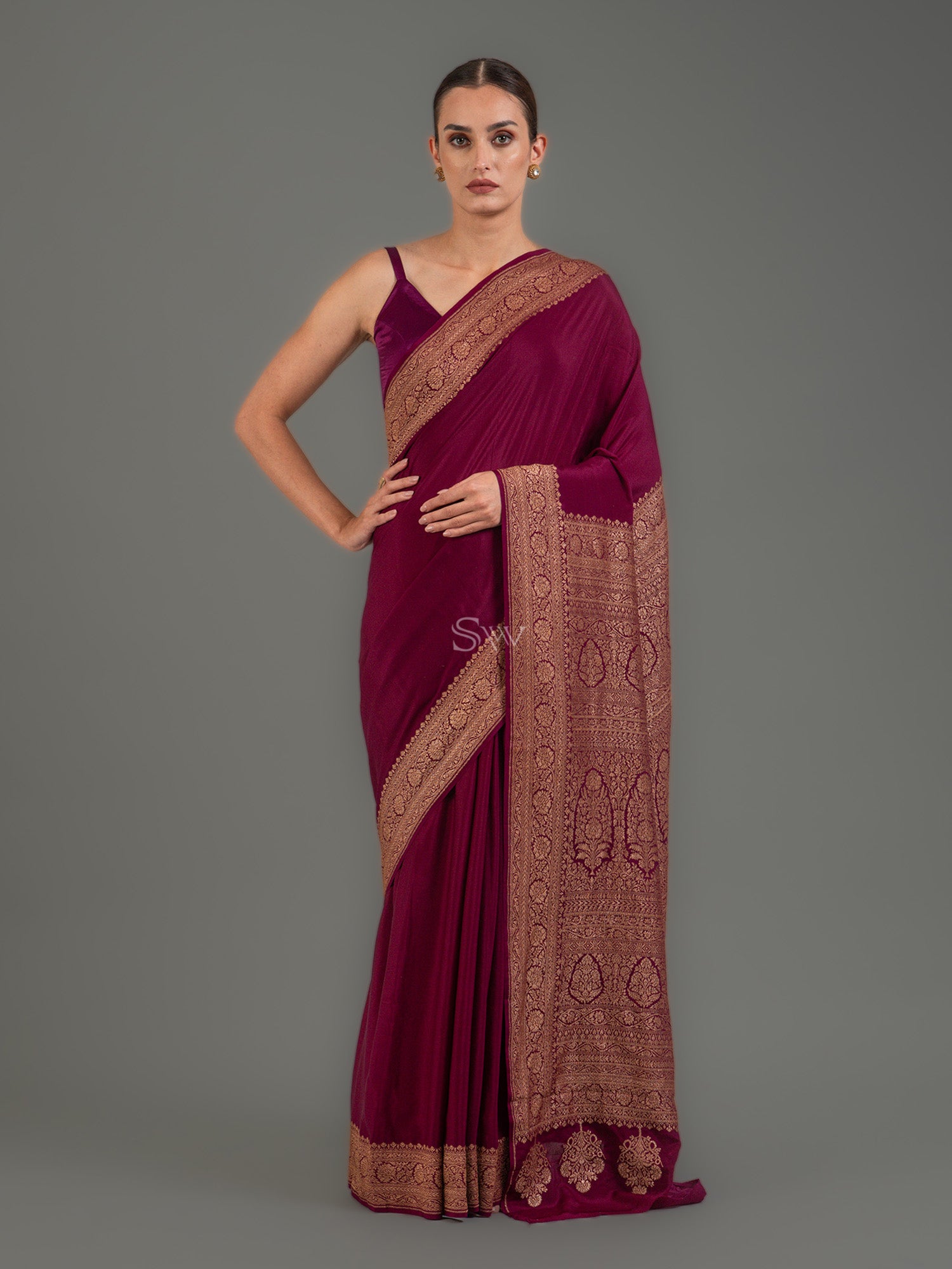 Wine Jaal Crepe Silk Handloom Banarasi Saree - Sacred Weaves