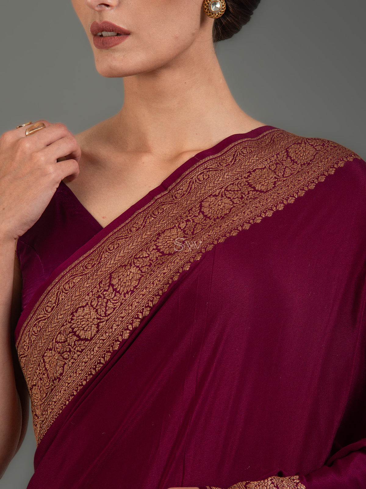 Wine Jaal Crepe Silk Handloom Banarasi Saree - Sacred Weaves