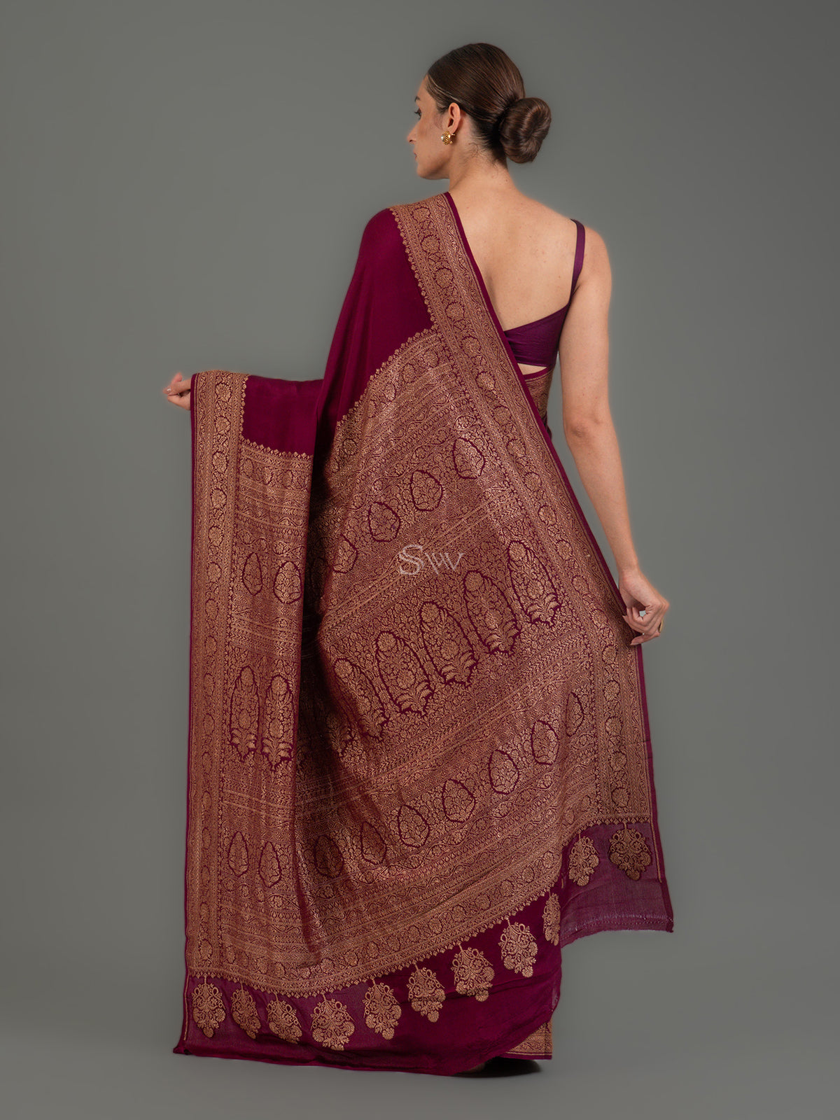 Wine Jaal Crepe Silk Handloom Banarasi Saree - Sacred Weaves