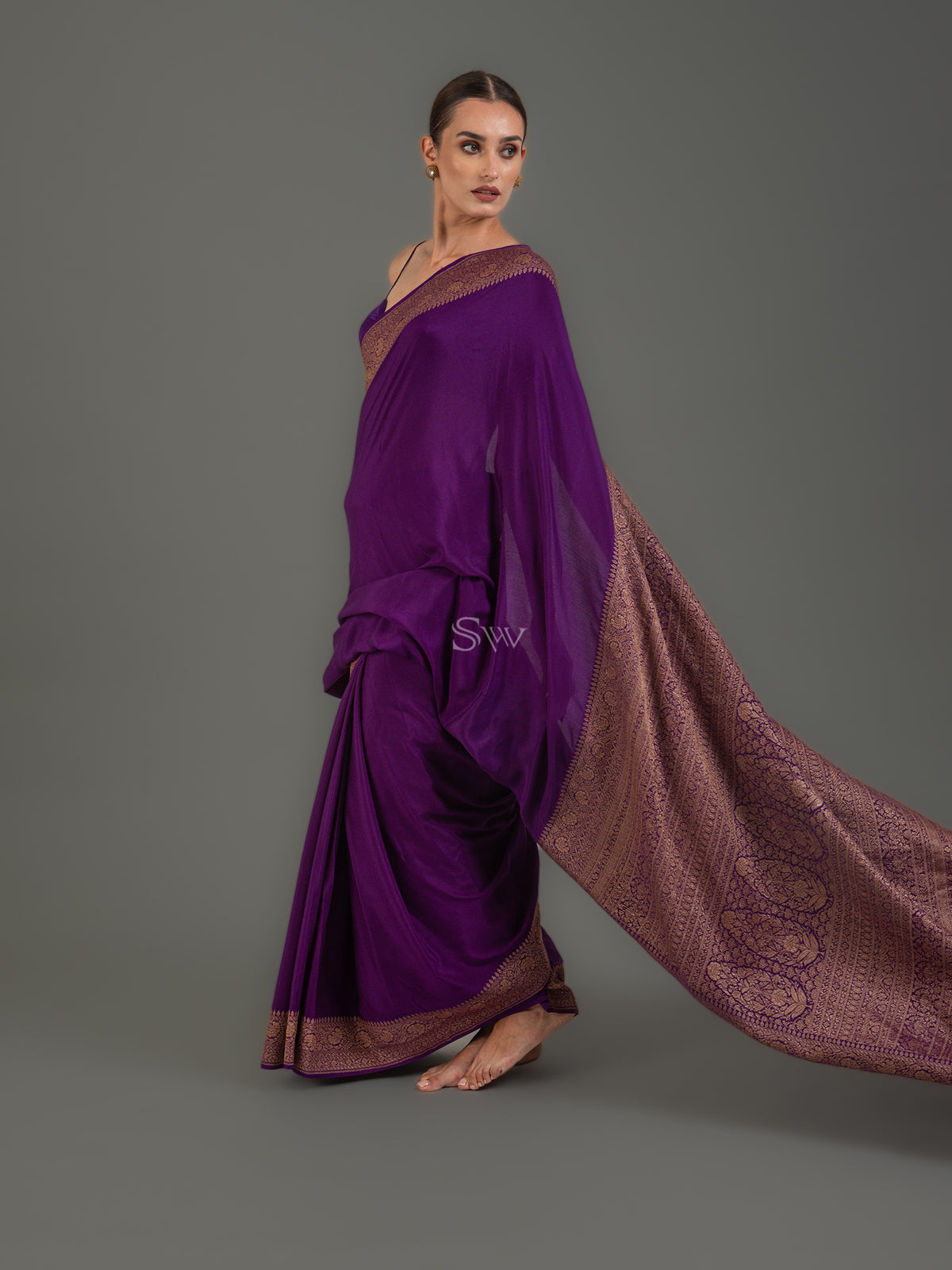 Purple Plain Crepe Silk Handloom Banarasi Saree - Sacred Weaves