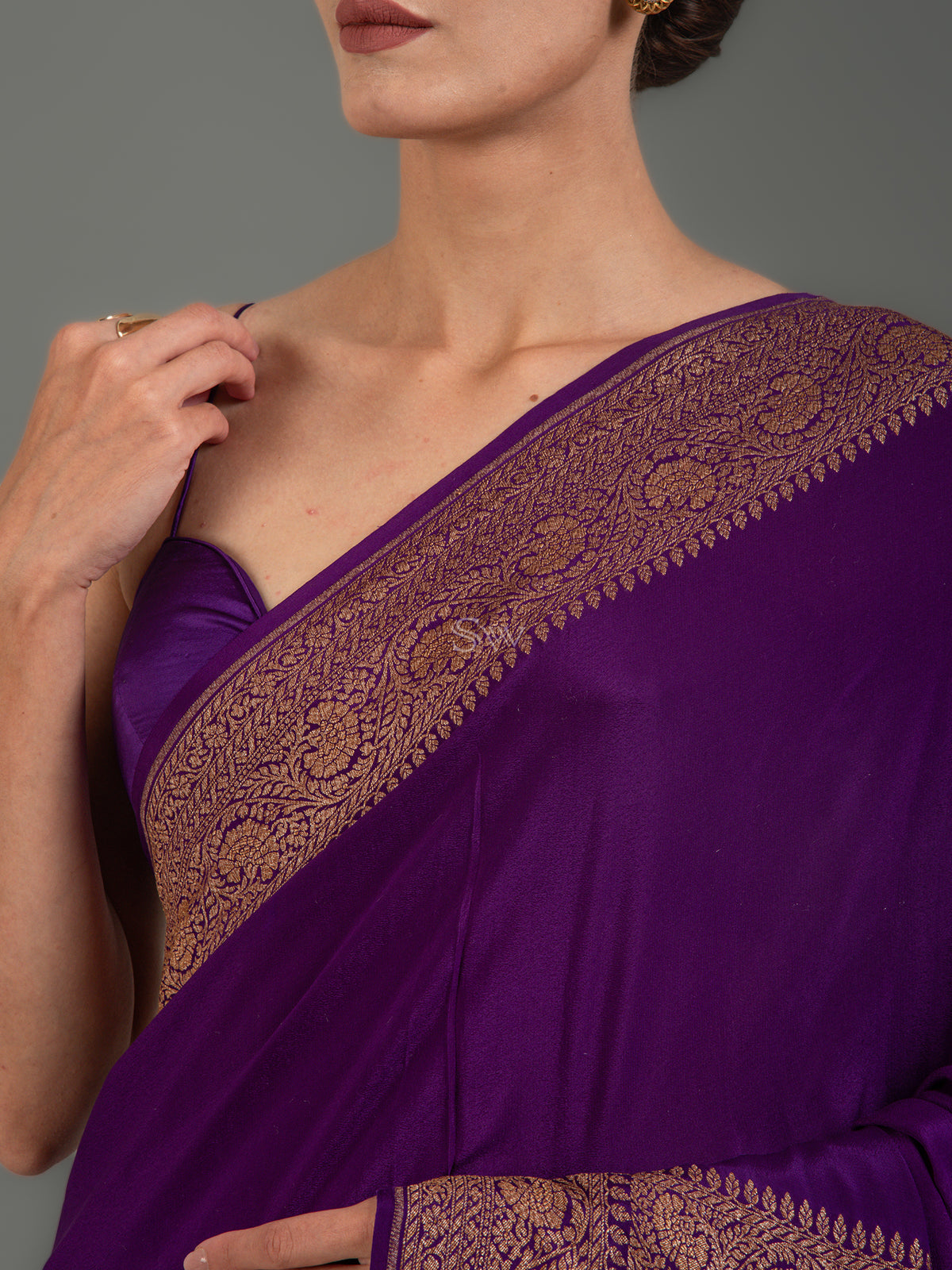 Purple Plain Crepe Silk Handloom Banarasi Saree - Sacred Weaves
