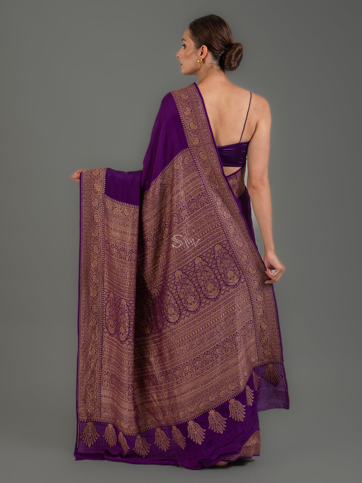 Purple Plain Crepe Silk Handloom Banarasi Saree - Sacred Weaves