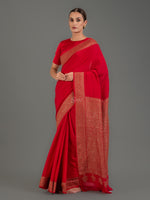 Red Plain Crepe Silk Handloom Banarasi Saree - Sacred Weaves