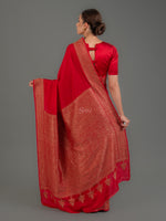 Red Plain Crepe Silk Handloom Banarasi Saree - Sacred Weaves