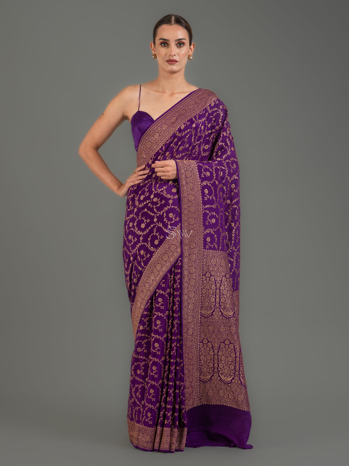 Purple Jaal Crepe Silk Handloom Banarasi Saree -Sacred Weaves