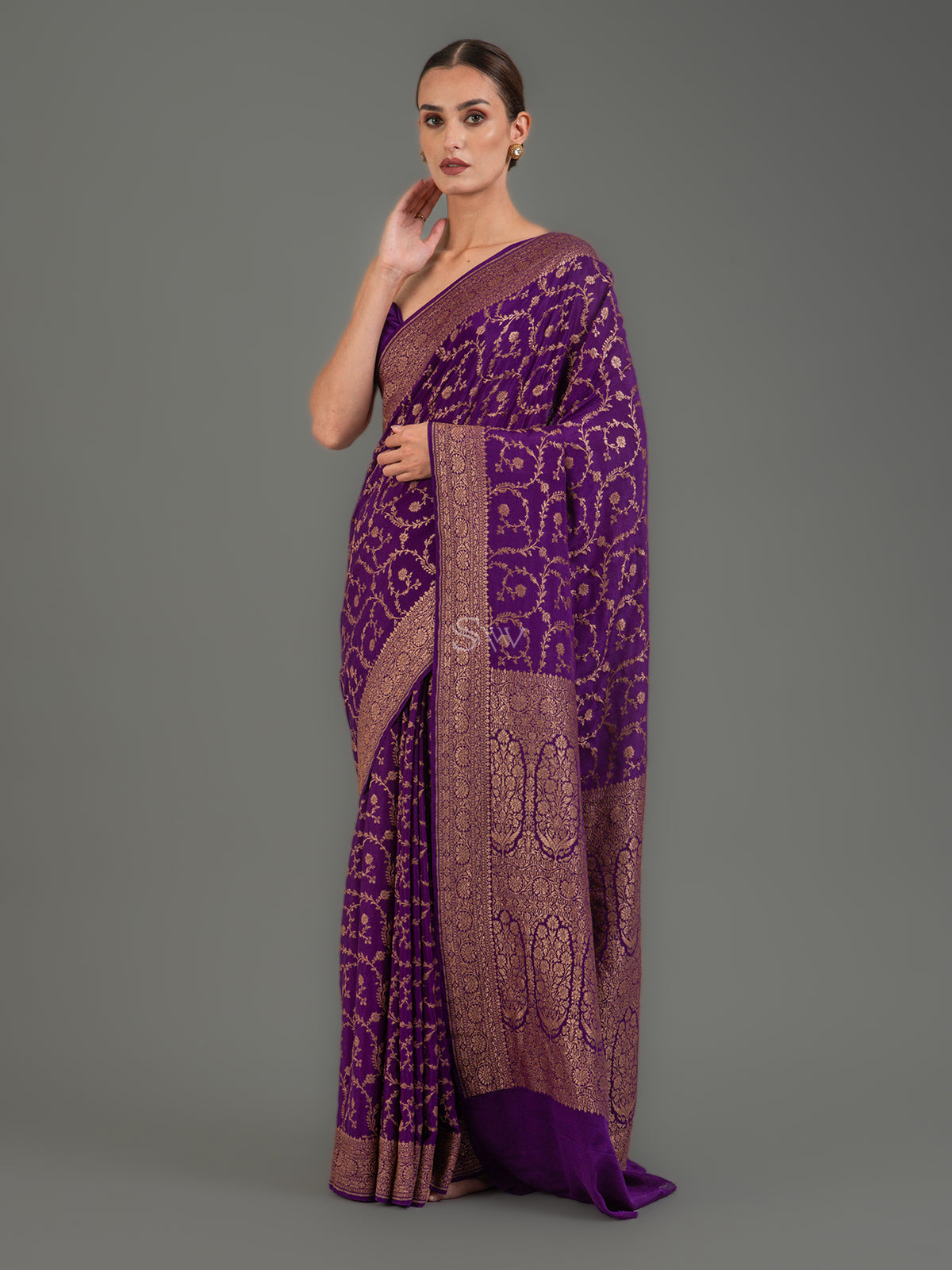 Purple Jaal Crepe Silk Handloom Banarasi Saree -Sacred Weaves