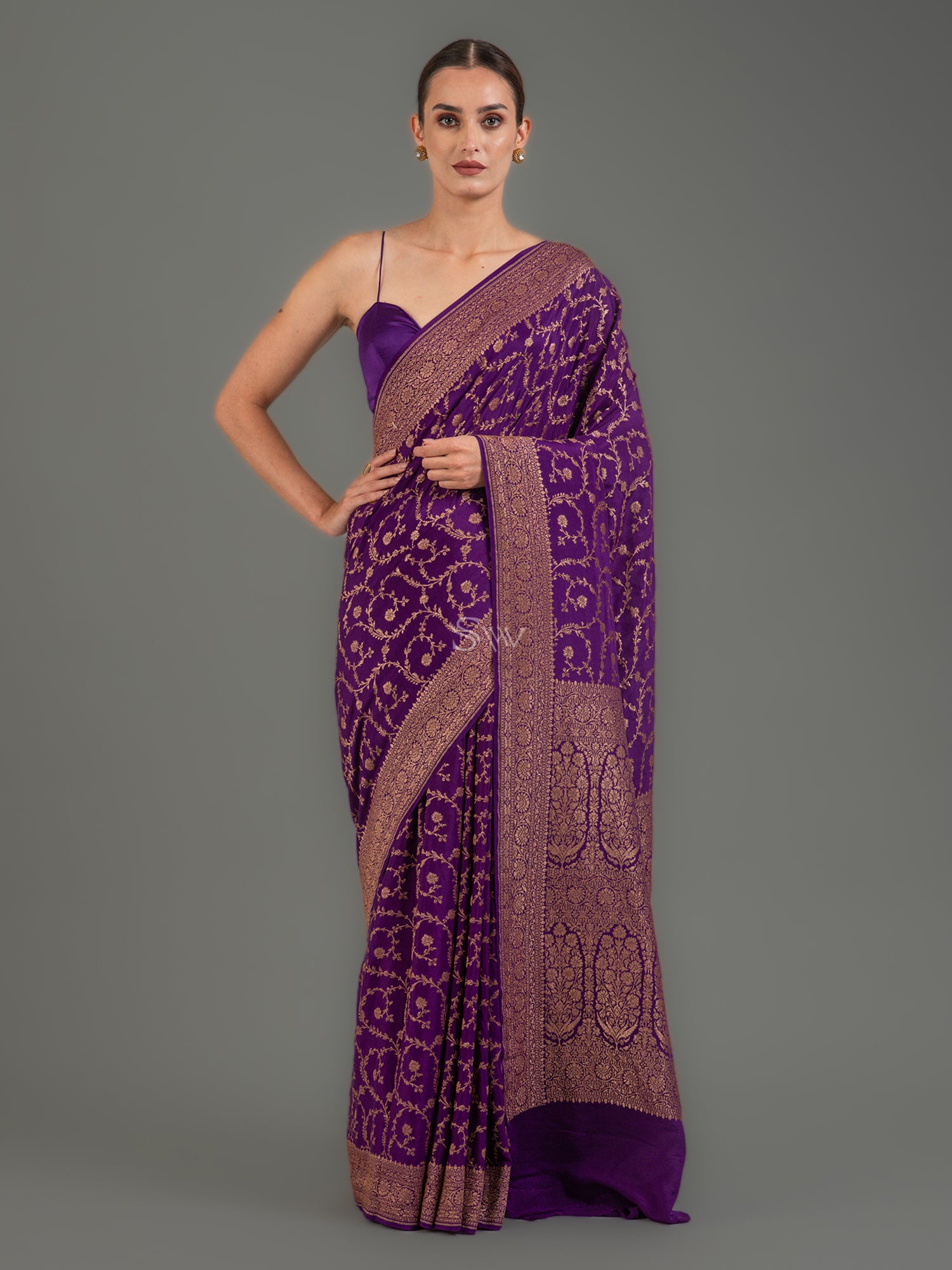 Purple Jaal Crepe Silk Handloom Banarasi Saree -Sacred Weaves