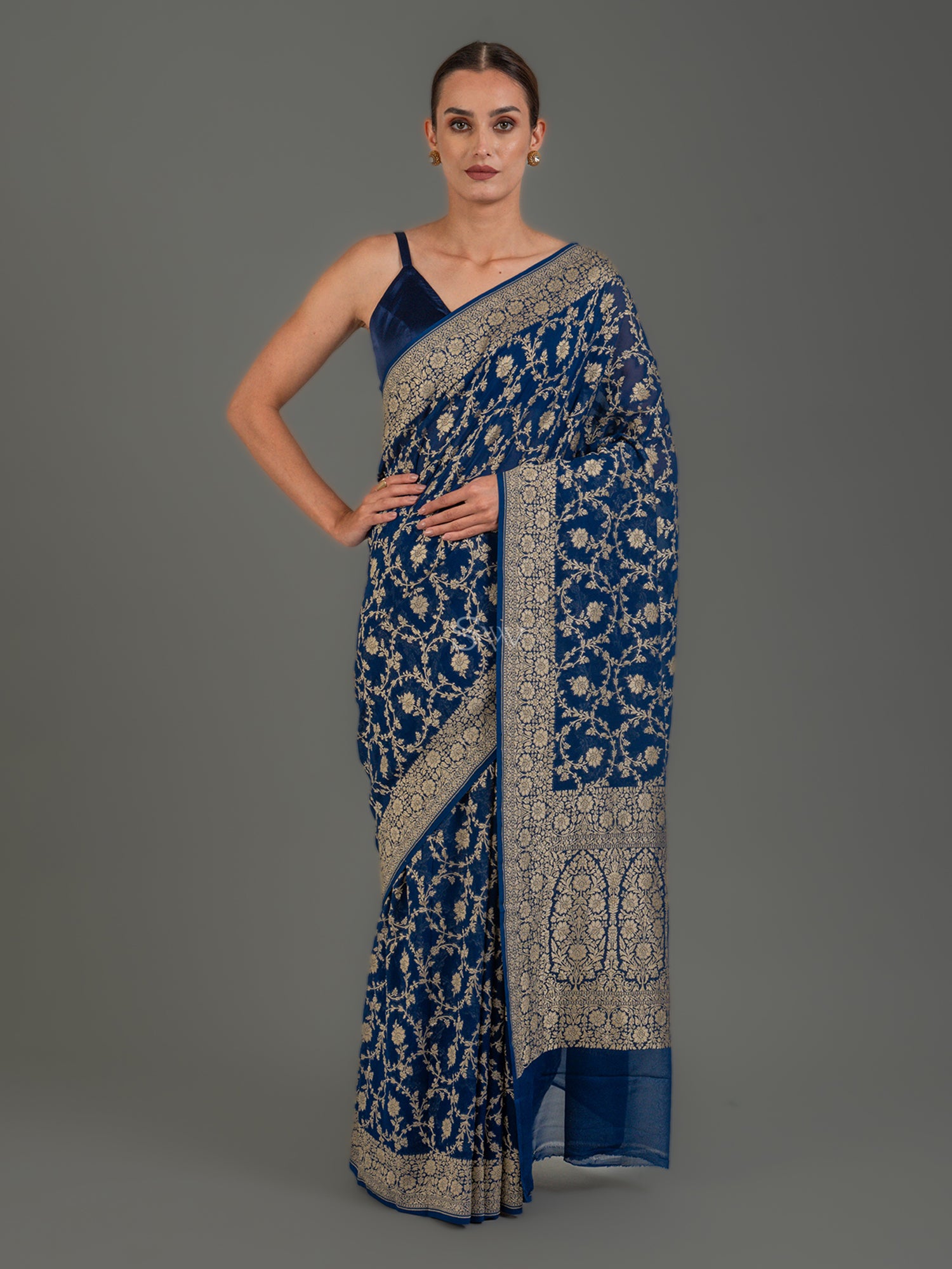 Midnight Blue Jaal Khaddi Georgette Handloom Banarasi Saree - Sacred Weaves