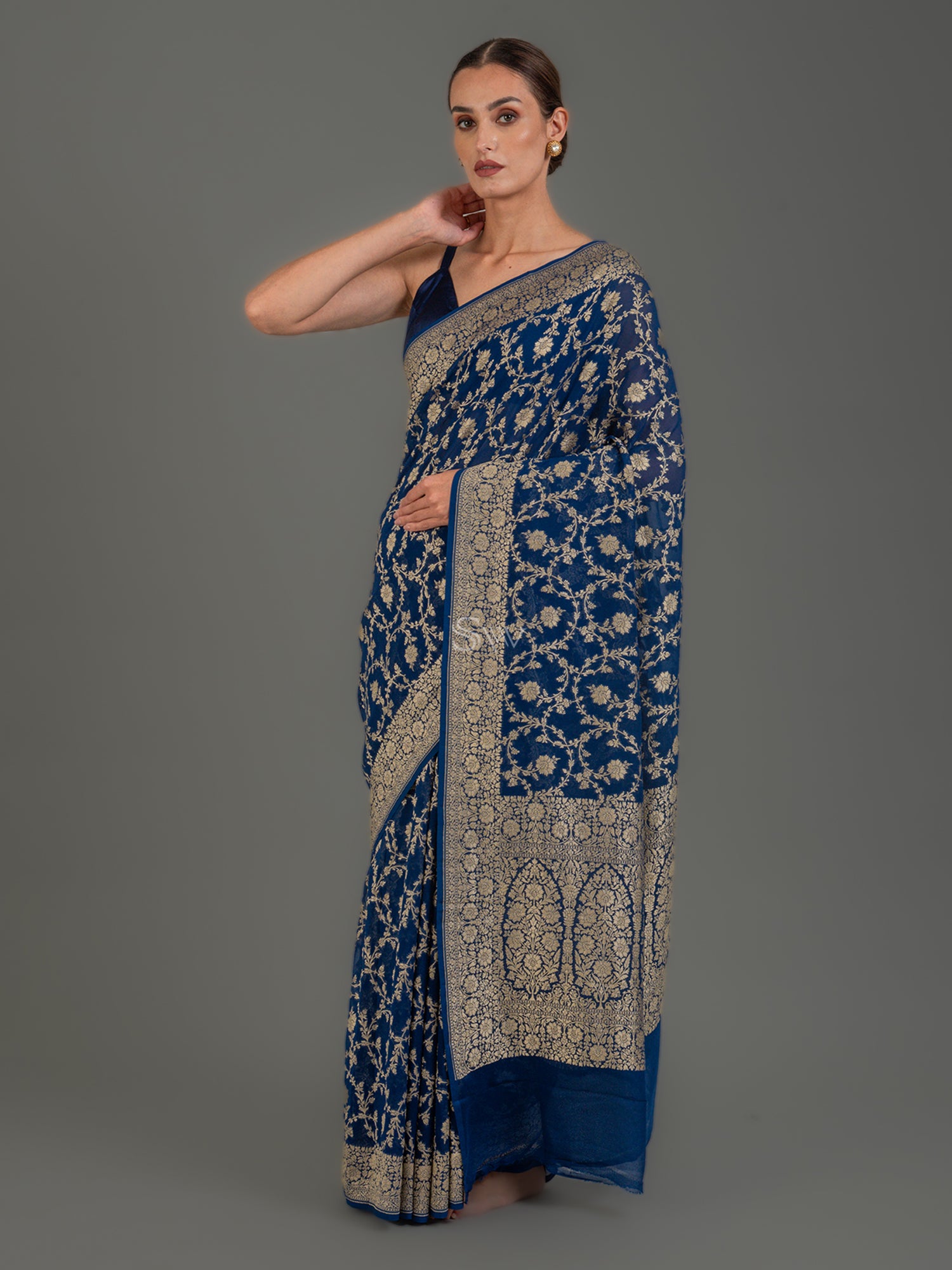 Midnight Blue Jaal Khaddi Georgette Handloom Banarasi Saree - Sacred Weaves