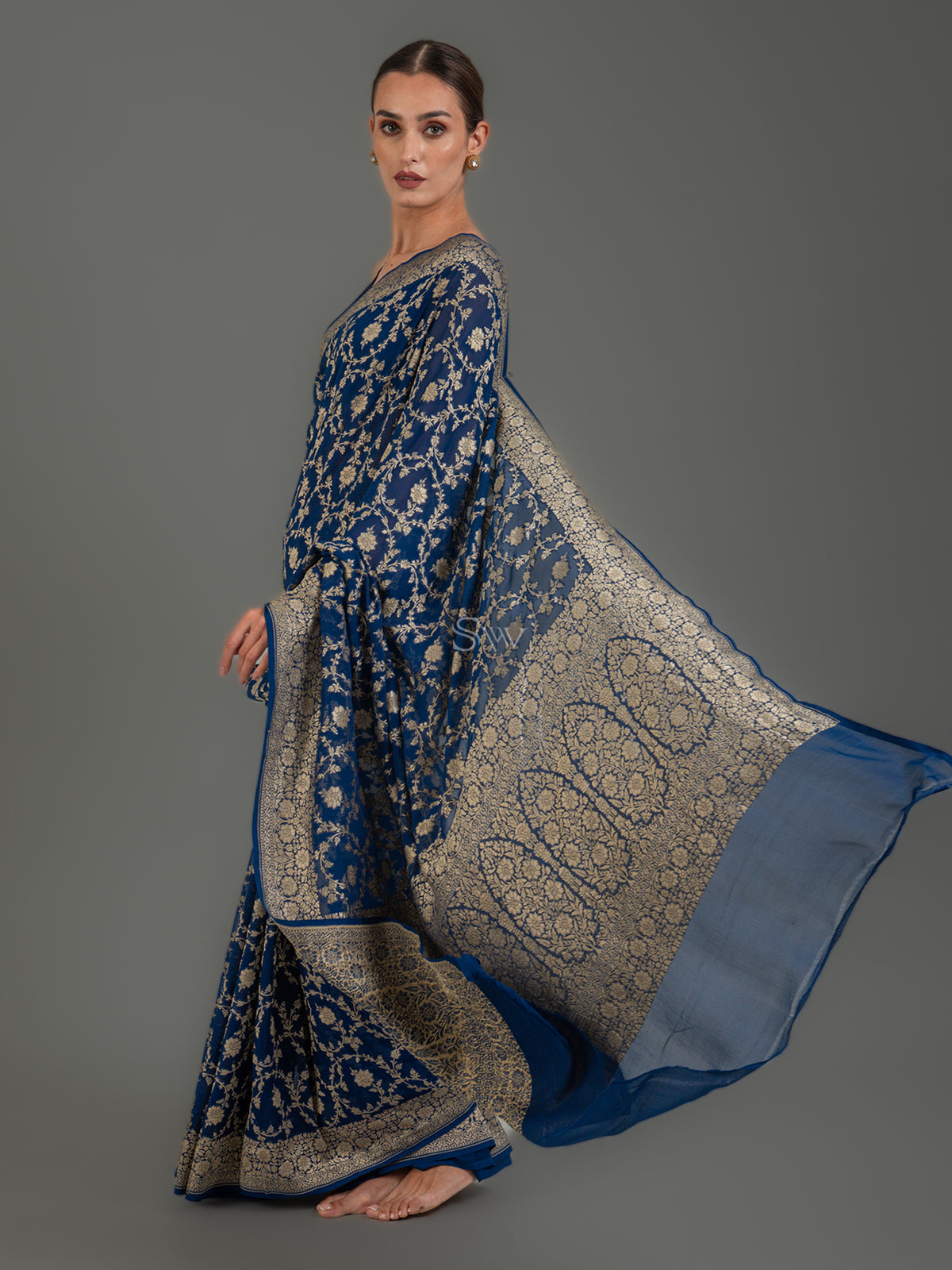 Midnight Blue Jaal Khaddi Georgette Handloom Banarasi Saree - Sacred Weaves