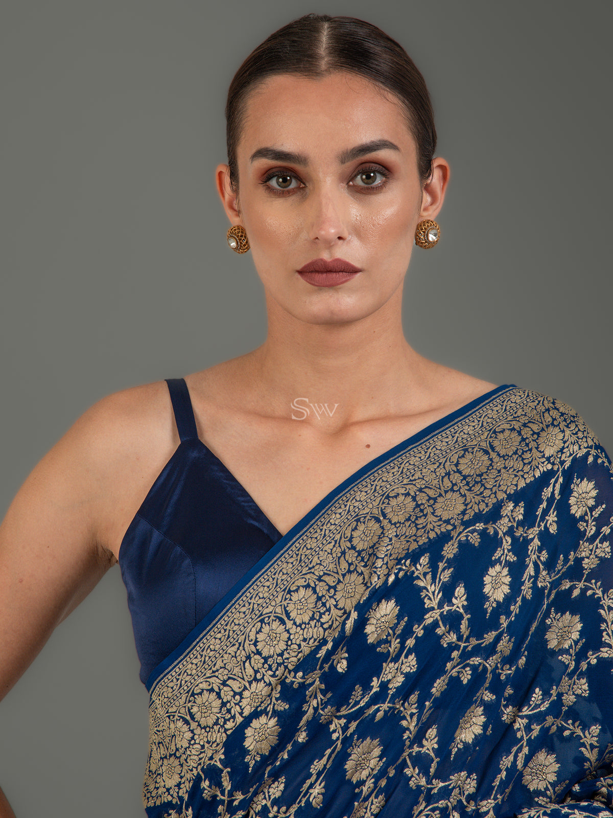 Midnight Blue Jaal Khaddi Georgette Handloom Banarasi Saree - Sacred Weaves