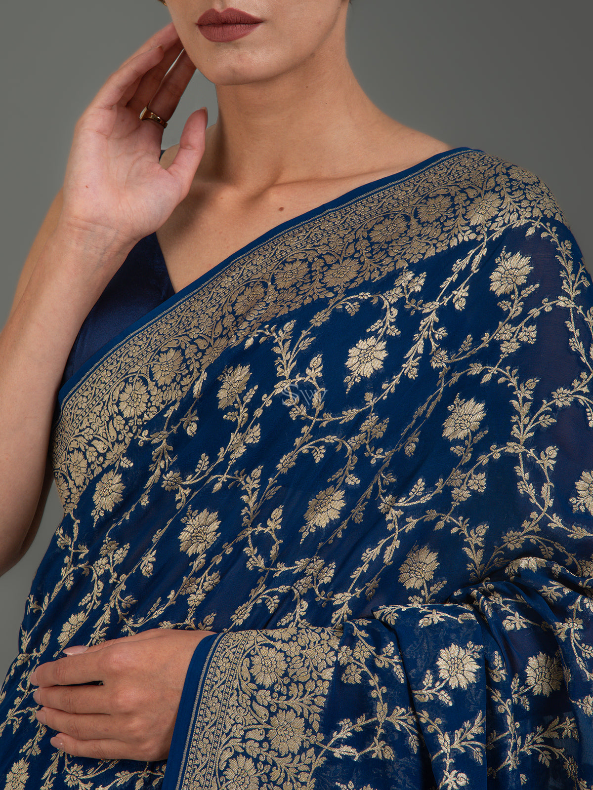 Midnight Blue Jaal Khaddi Georgette Handloom Banarasi Saree - Sacred Weaves