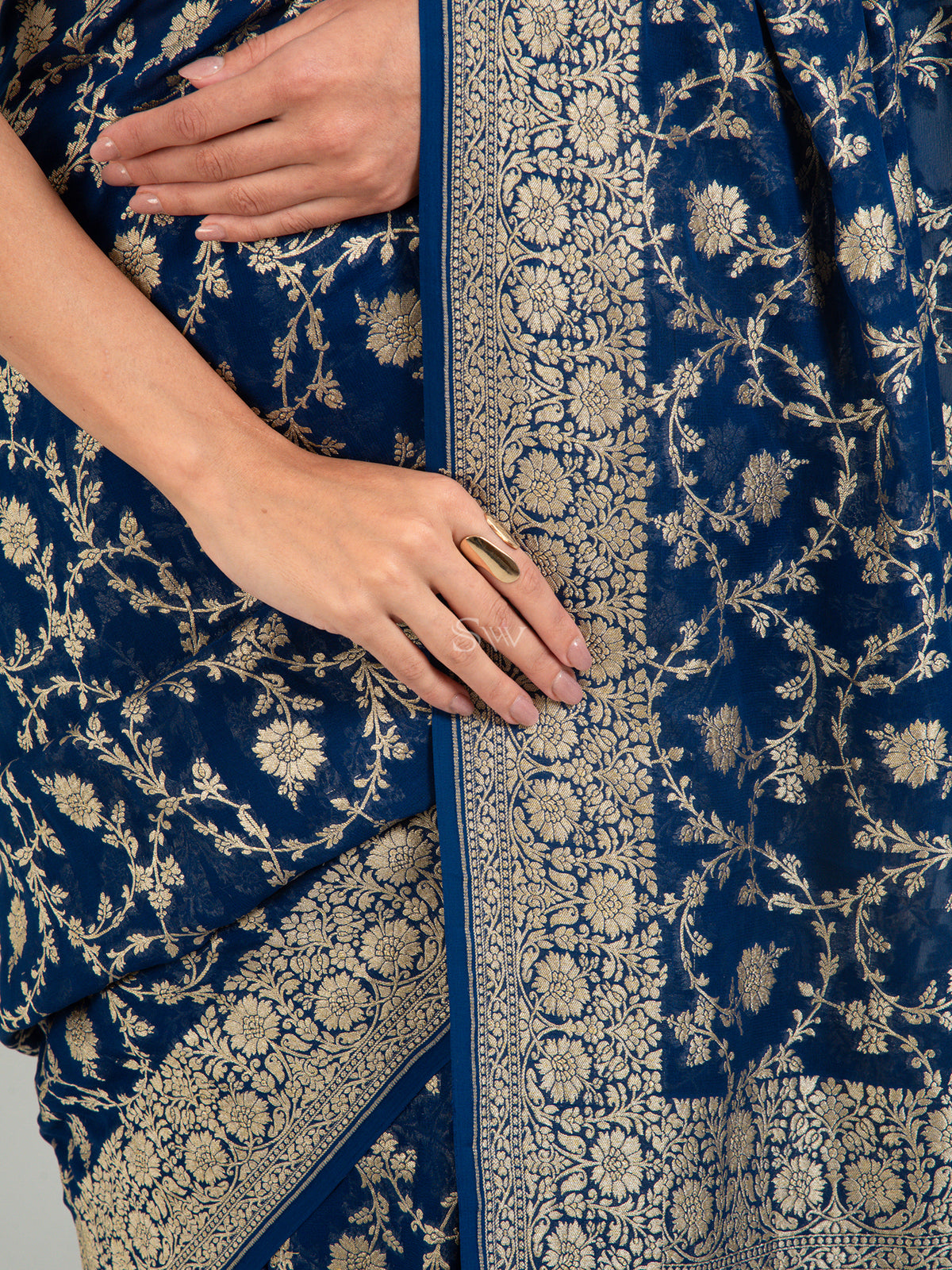 Midnight Blue Jaal Khaddi Georgette Handloom Banarasi Saree - Sacred Weaves