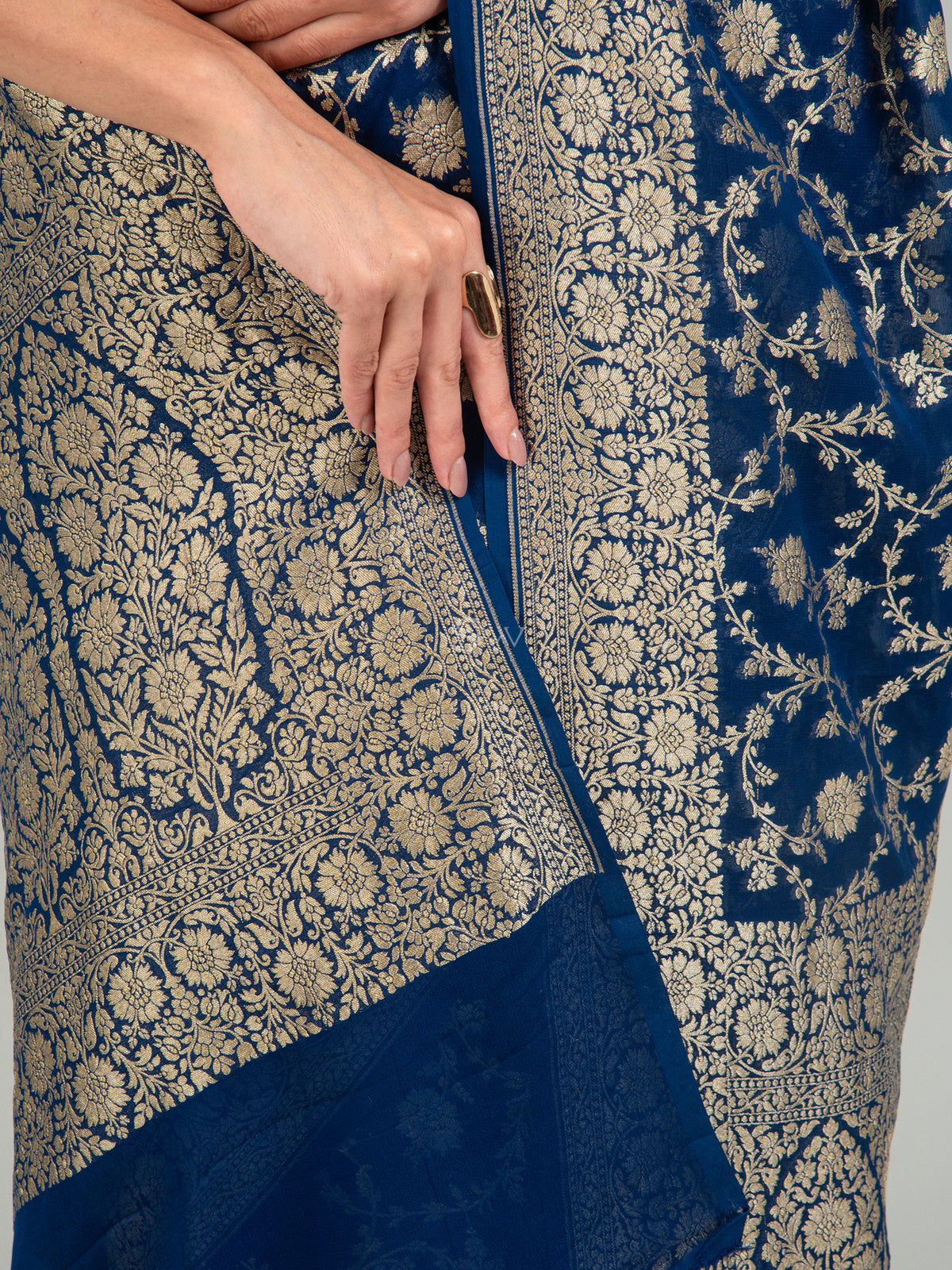 Midnight Blue Jaal Khaddi Georgette Handloom Banarasi Saree - Sacred Weaves
