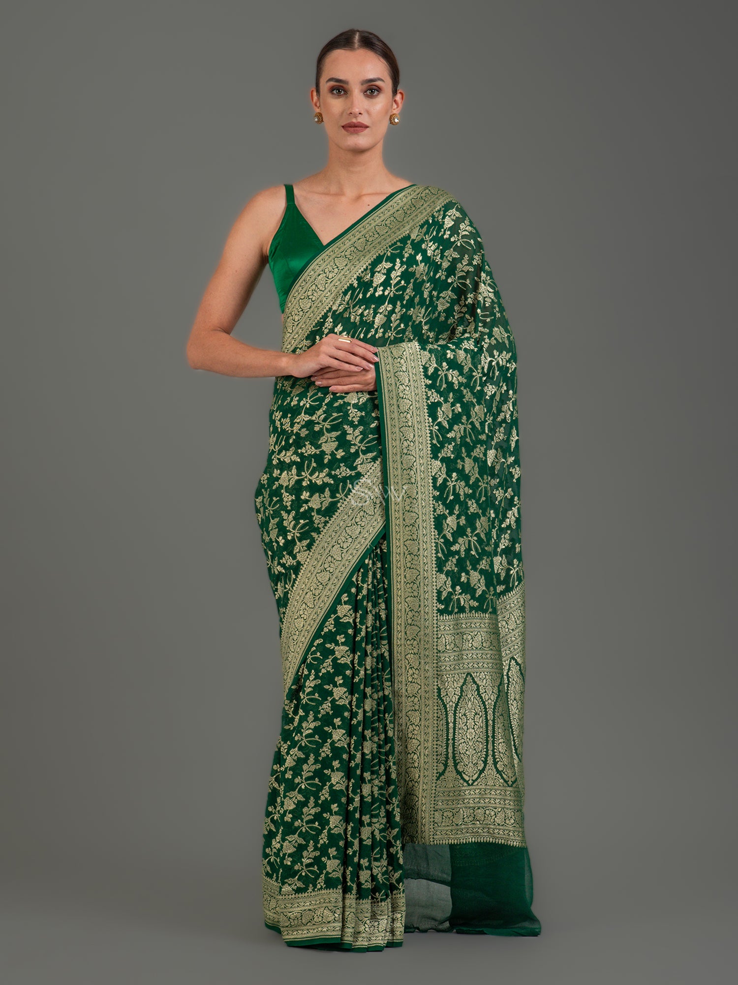 Bottle Green Jaal Khaddi Georgette Handloom Banarasi Saree - Sacred Weaves