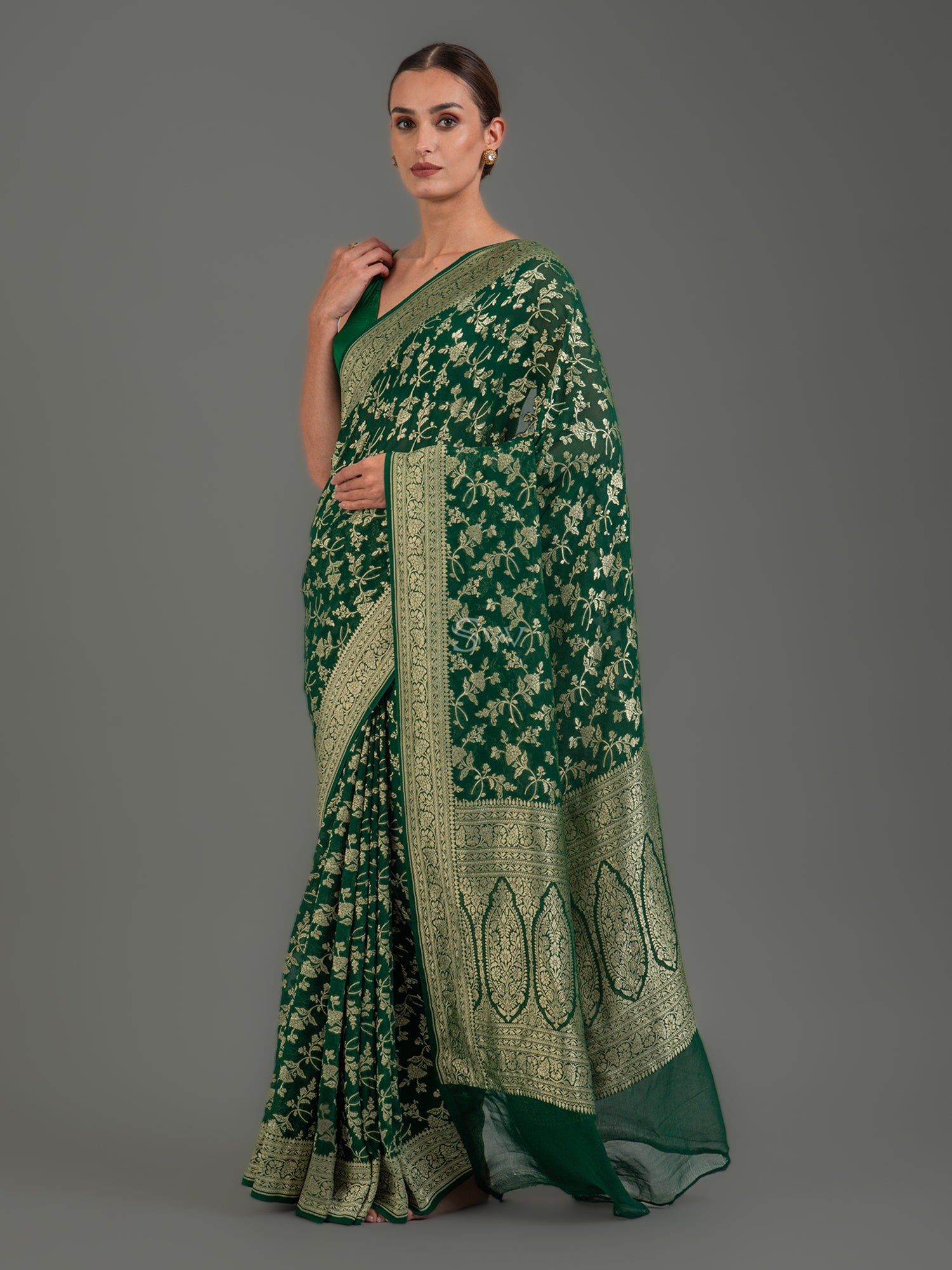 Bottle Green Jaal Khaddi Georgette Handloom Banarasi Saree - Sacred Weaves