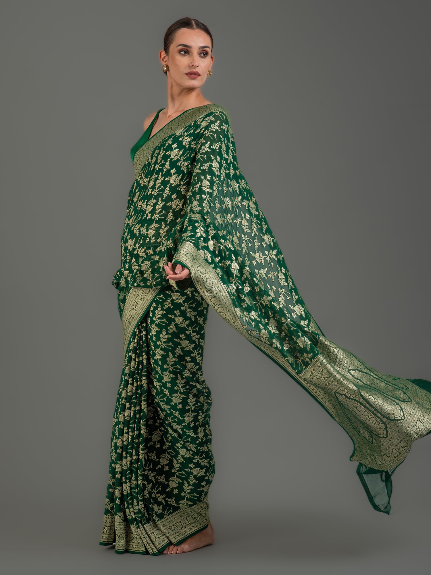 Bottle Green Jaal Khaddi Georgette Handloom Banarasi Saree - Sacred Weaves