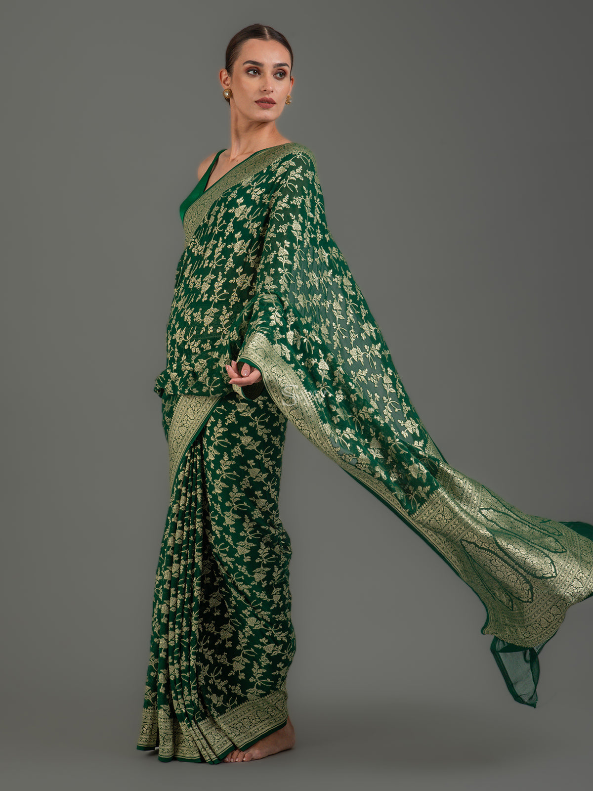 Bottle Green Jaal Khaddi Georgette Handloom Banarasi Saree - Sacred Weaves