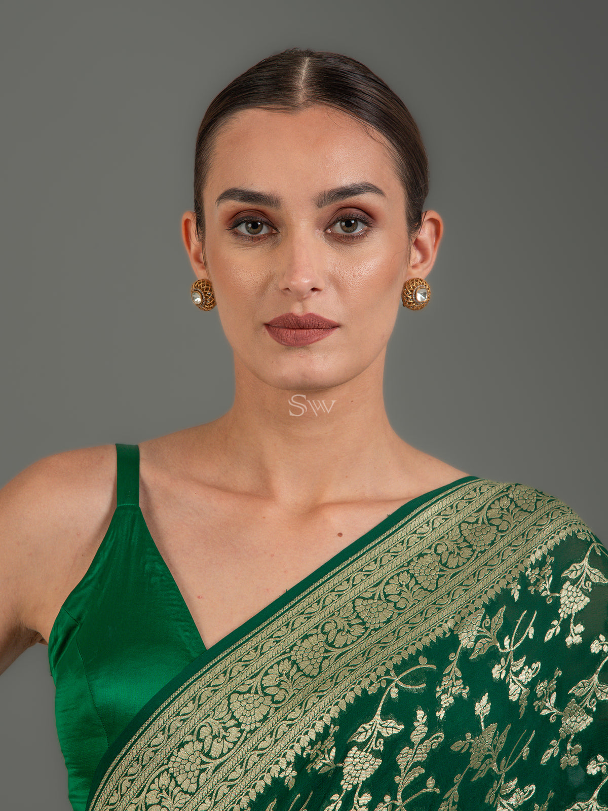 Bottle Green Jaal Khaddi Georgette Handloom Banarasi Saree - Sacred Weaves