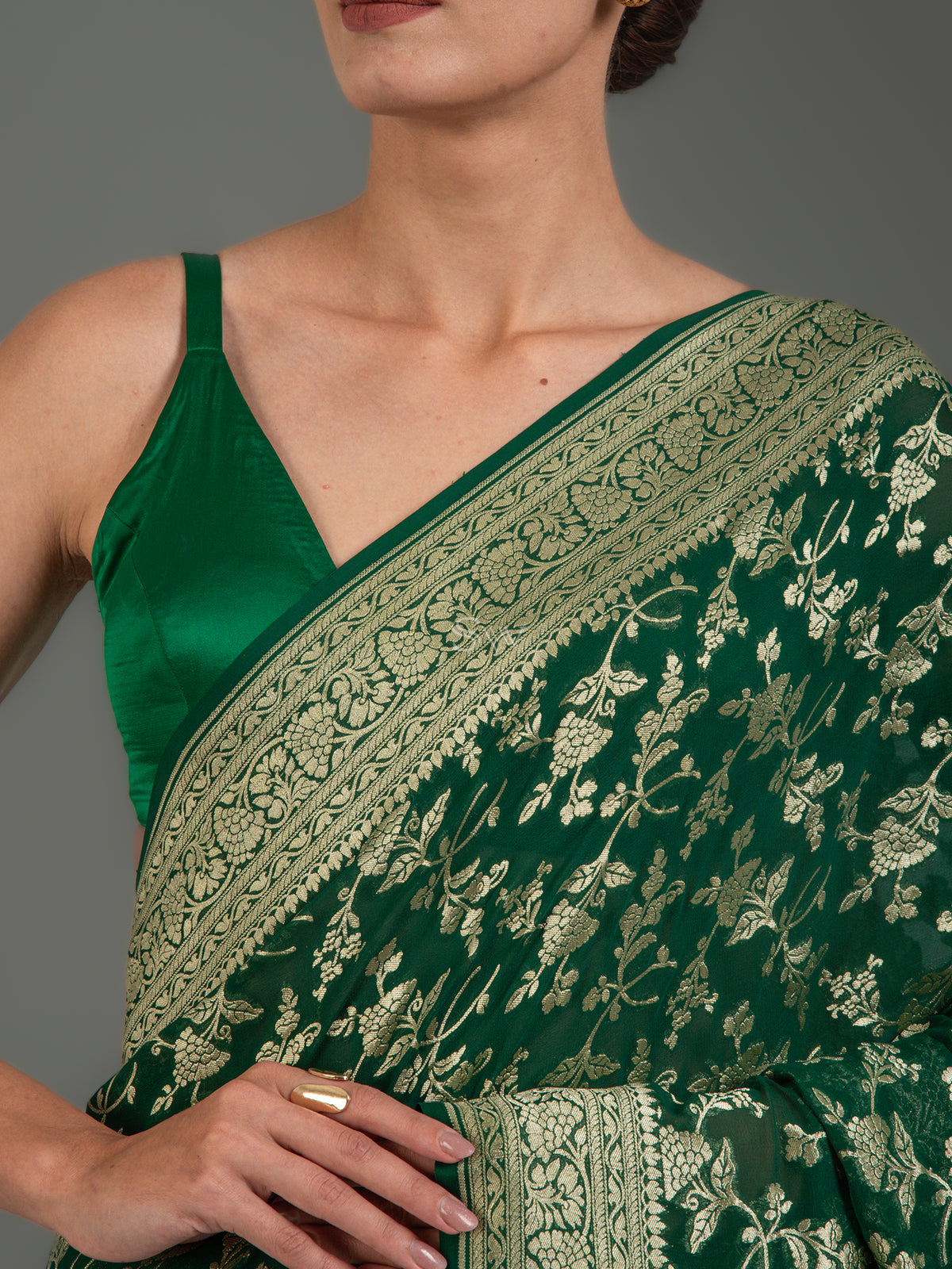 Bottle Green Jaal Khaddi Georgette Handloom Banarasi Saree - Sacred Weaves