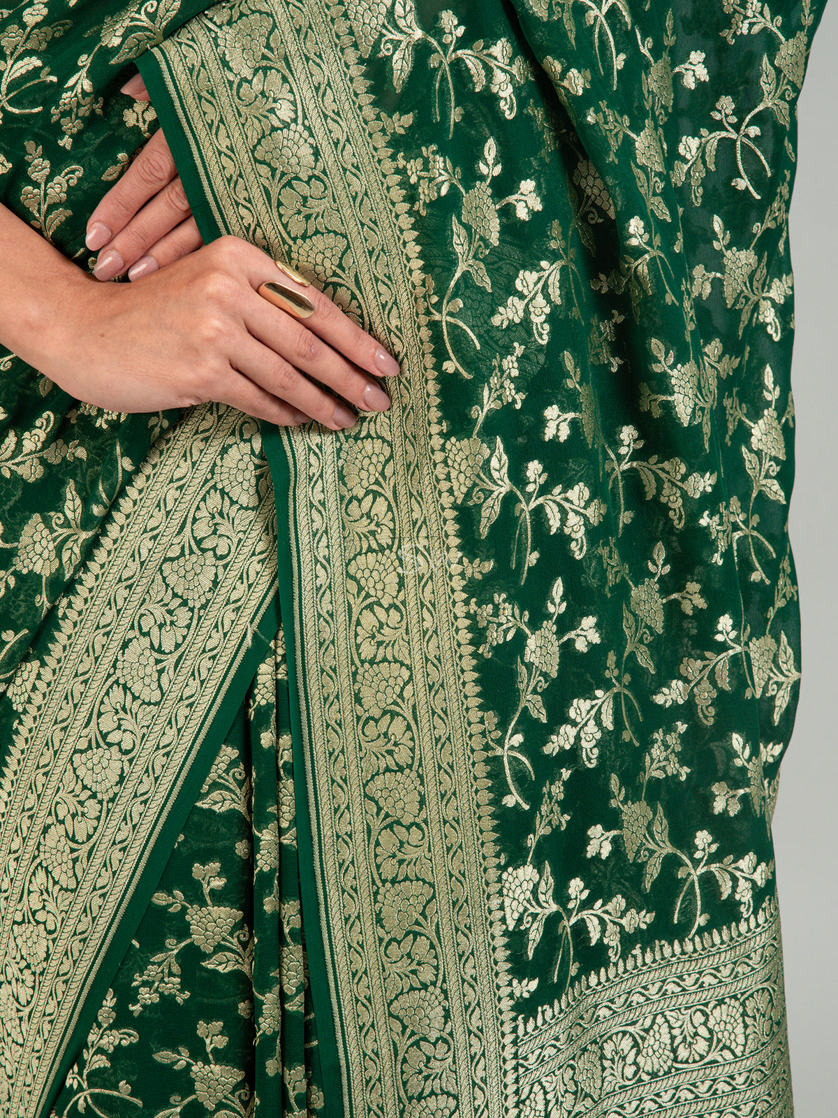 Bottle Green Jaal Khaddi Georgette Handloom Banarasi Saree - Sacred Weaves