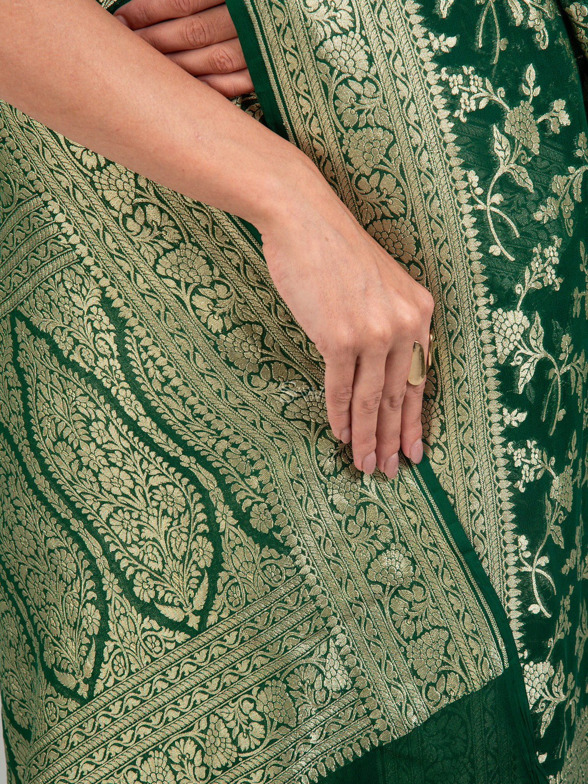 Bottle Green Jaal Khaddi Georgette Handloom Banarasi Saree - Sacred Weaves