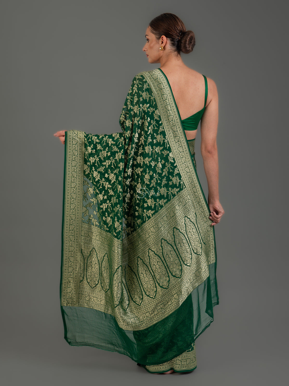 Bottle Green Jaal Khaddi Georgette Handloom Banarasi Saree - Sacred Weaves