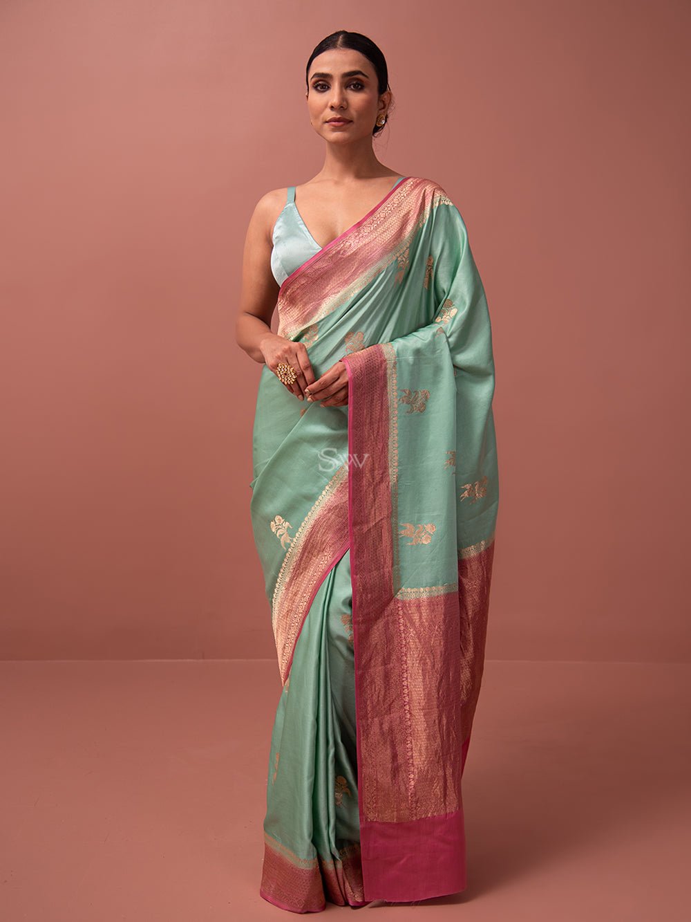 Mint Green Boota Satin Silk Handloom Banarasi Saree - Sacred Weaves