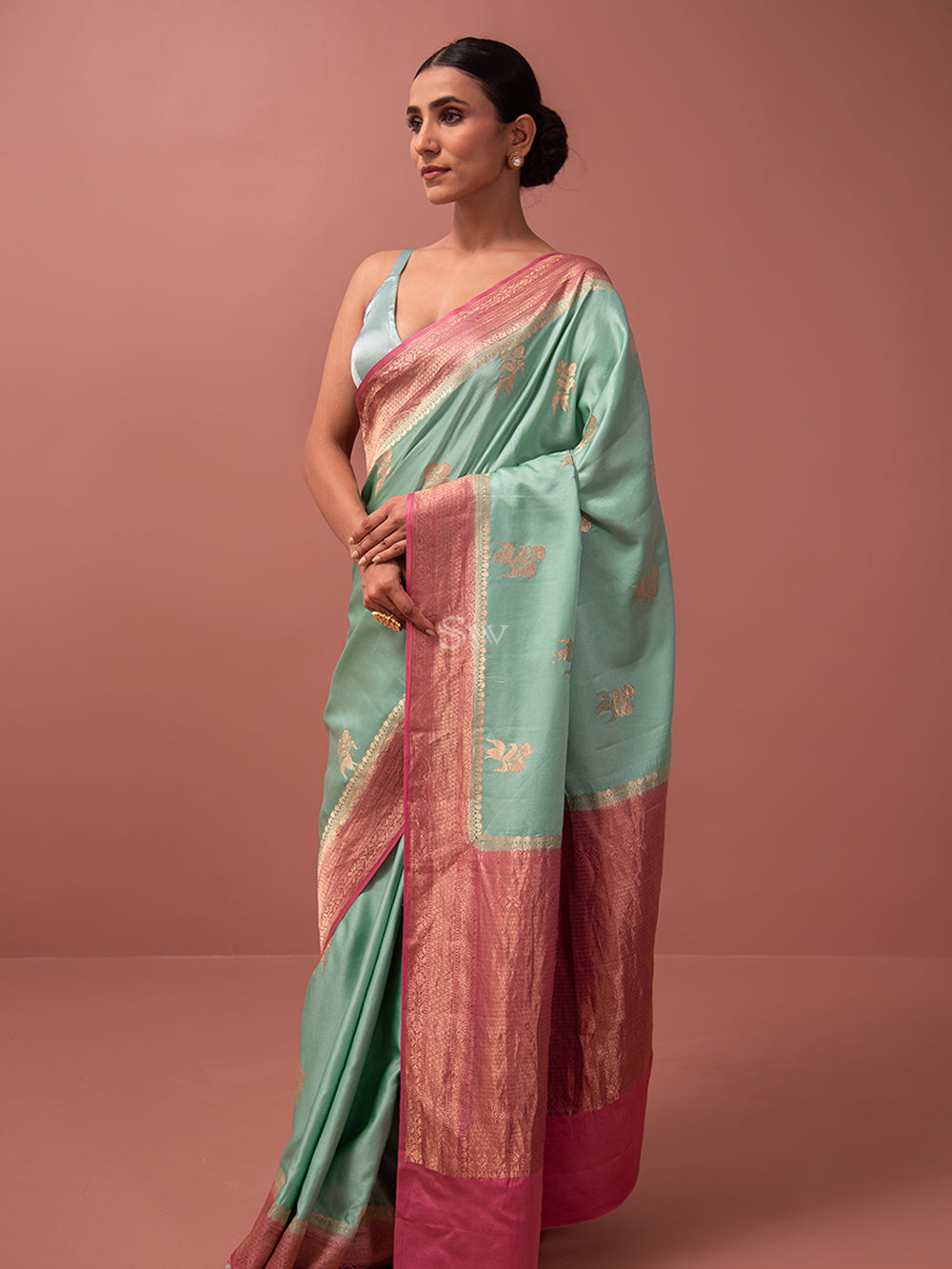 Mint Green Boota Satin Silk Handloom Banarasi Saree - Sacred Weaves