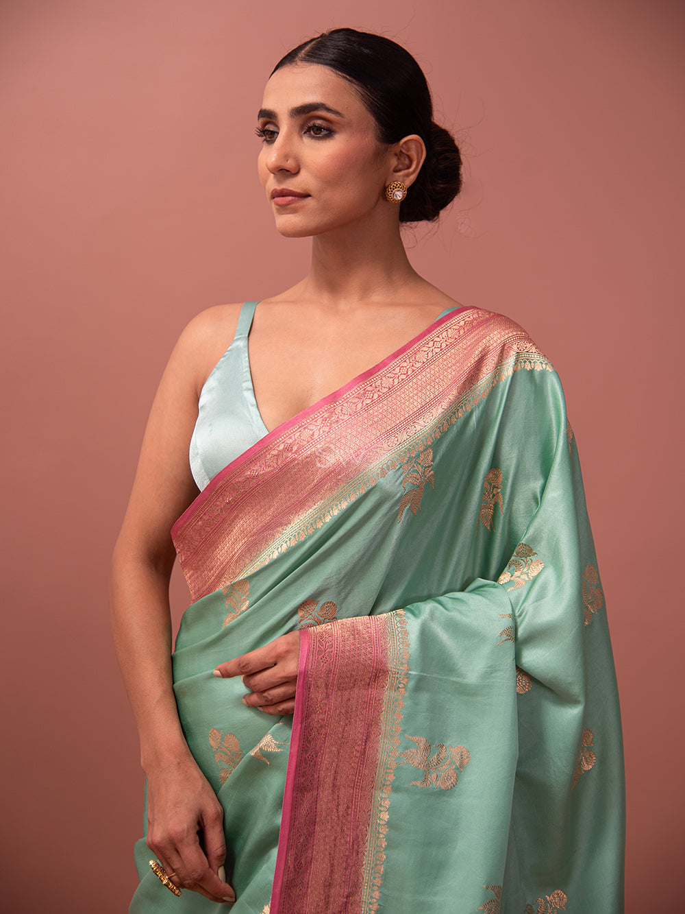 Mint Green Boota Satin Silk Handloom Banarasi Saree - Sacred Weaves