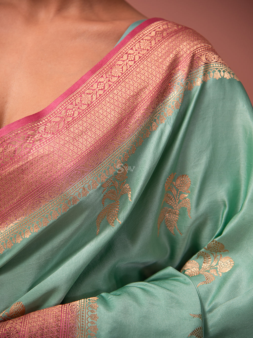 Mint Green Boota Satin Silk Handloom Banarasi Saree - Sacred Weaves