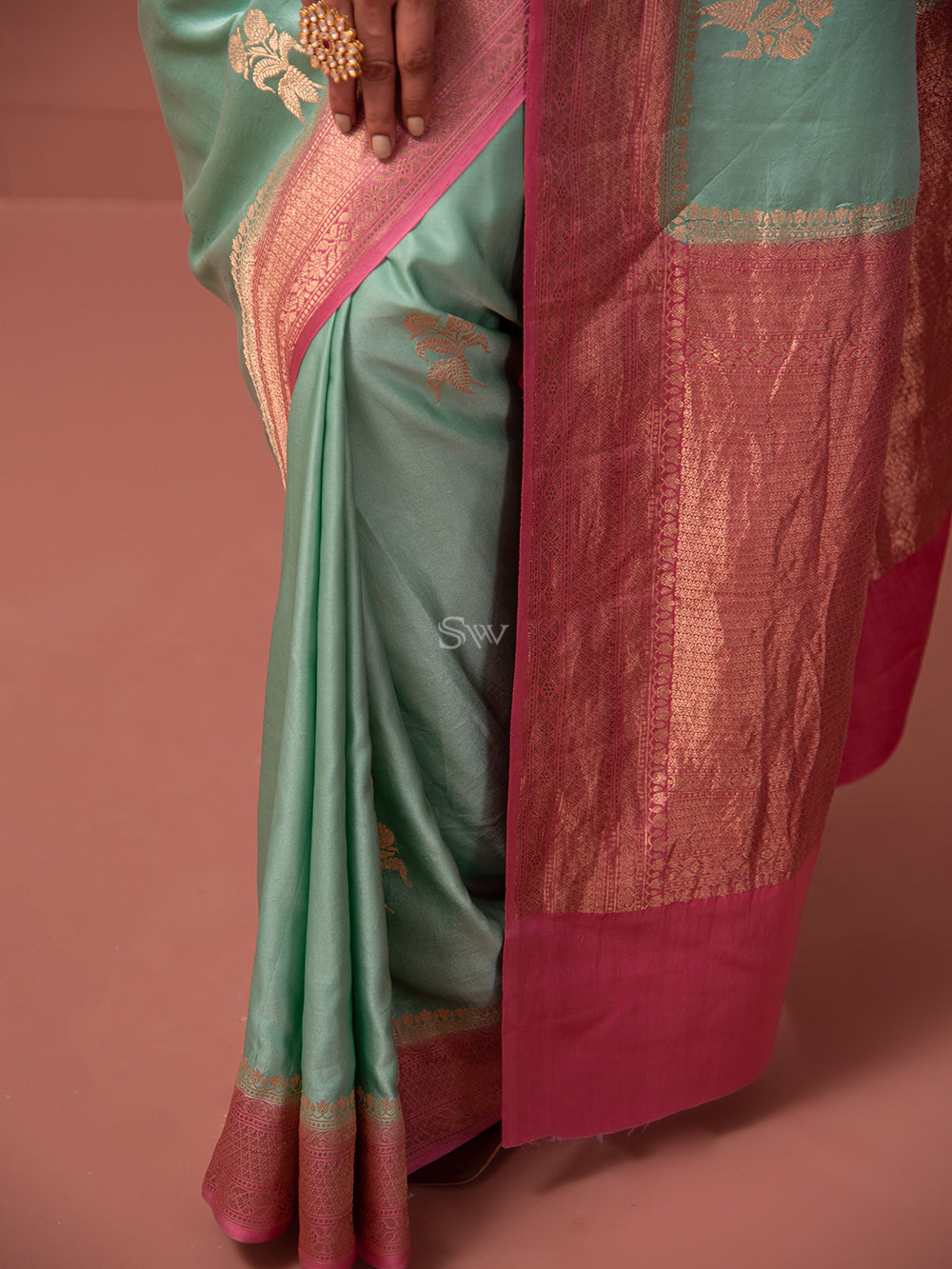 Mint Green Boota Satin Silk Handloom Banarasi Saree - Sacred Weaves