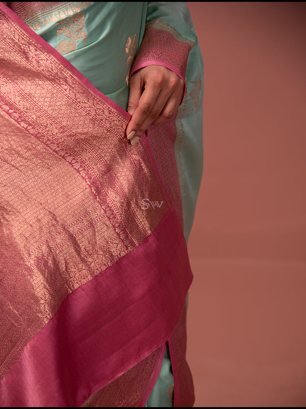 Mint Green Boota Satin Silk Handloom Banarasi Saree - Sacred Weaves