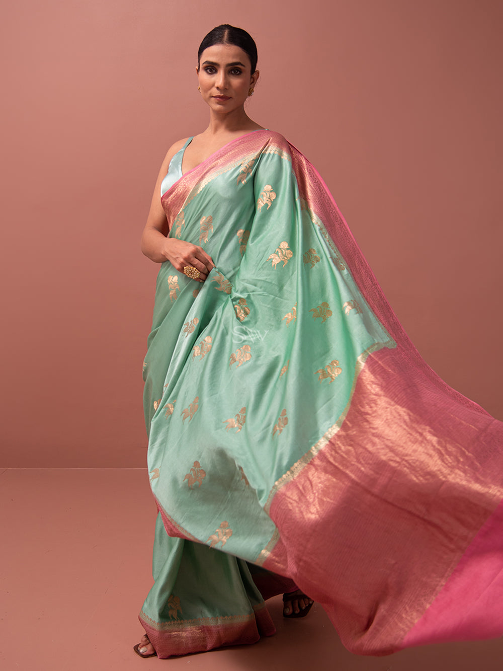 Mint Green Boota Satin Silk Handloom Banarasi Saree - Sacred Weaves