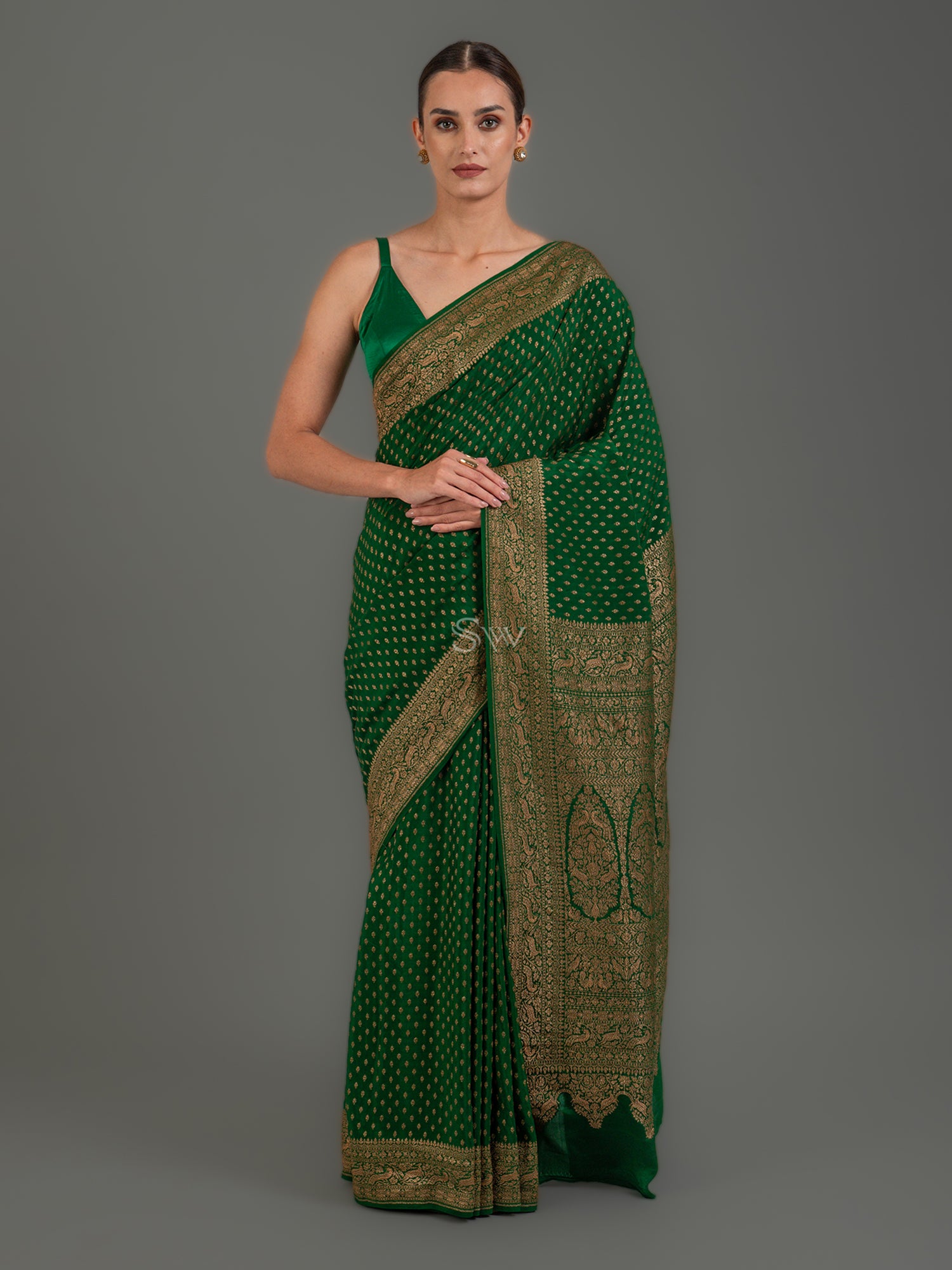 Dark Green Booti Crepe Silk Handloom Banarasi Saree -Sacred Weaves
