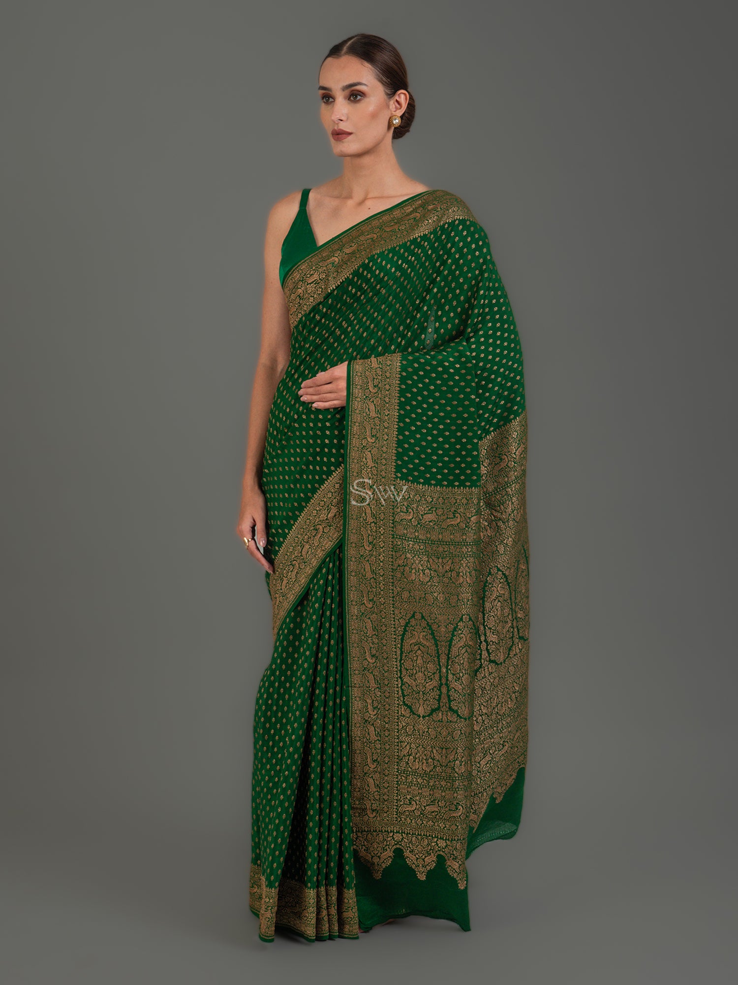 Dark Green Booti Crepe Silk Handloom Banarasi Saree -Sacred Weaves