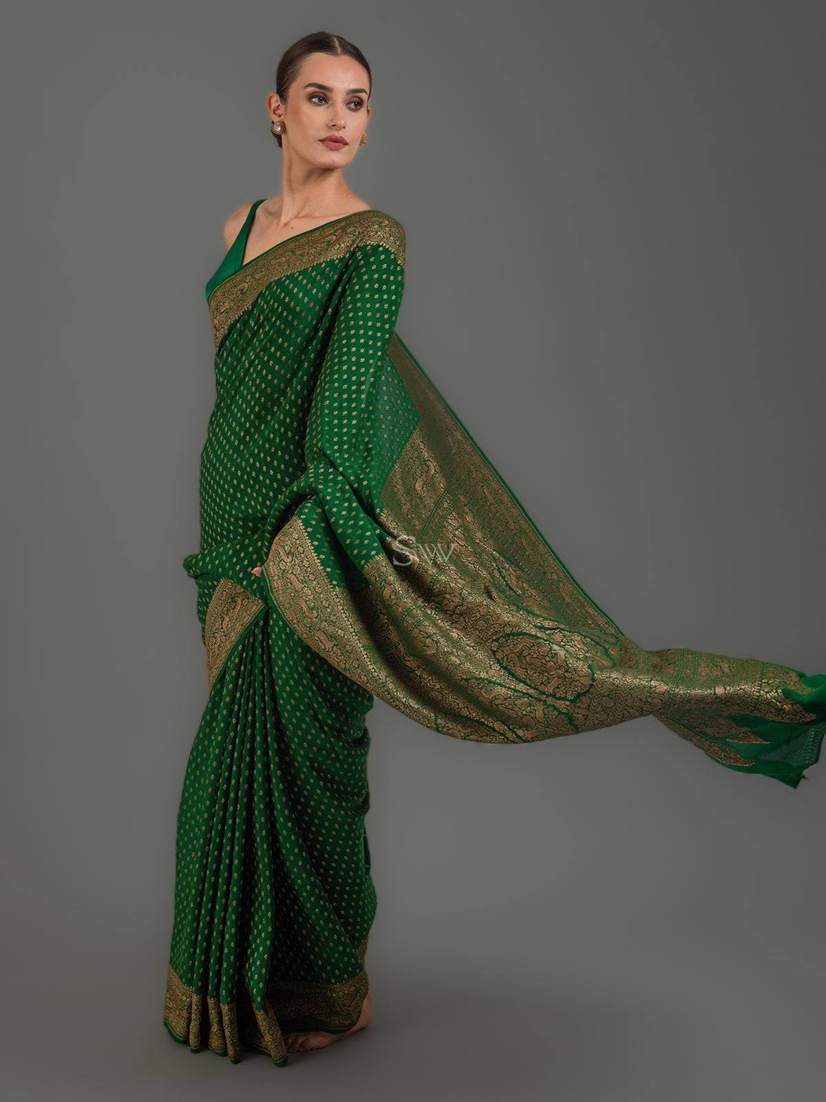 Dark Green Booti Crepe Silk Handloom Banarasi Saree -Sacred Weaves