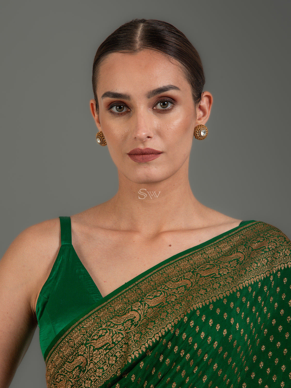 Dark Green Booti Crepe Silk Handloom Banarasi Saree -Sacred Weaves