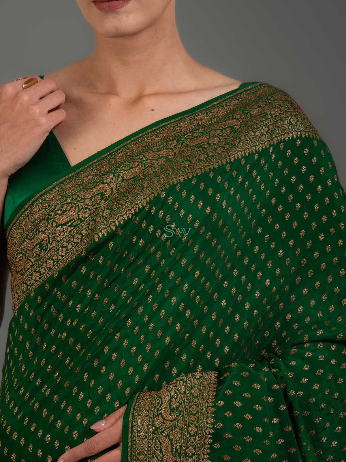 Dark Green Booti Crepe Silk Handloom Banarasi Saree -Sacred Weaves
