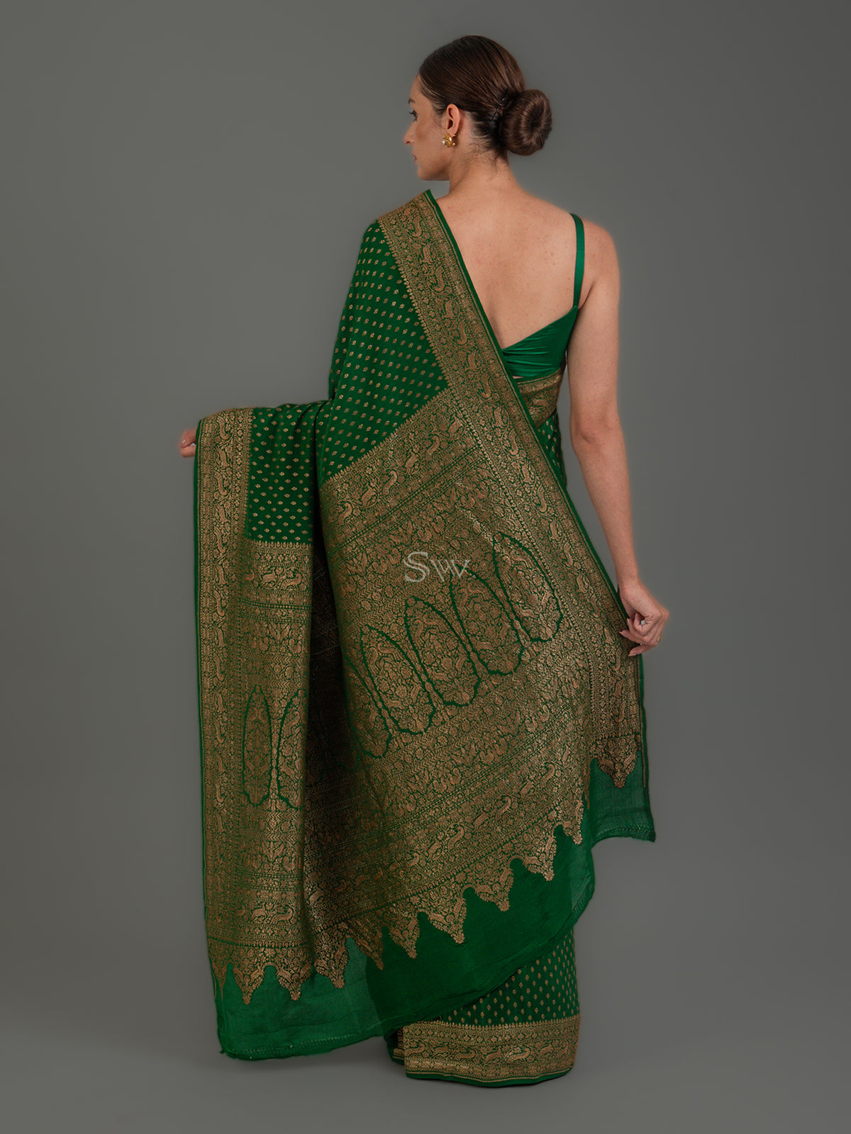 Dark Green Booti Crepe Silk Handloom Banarasi Saree -Sacred Weaves