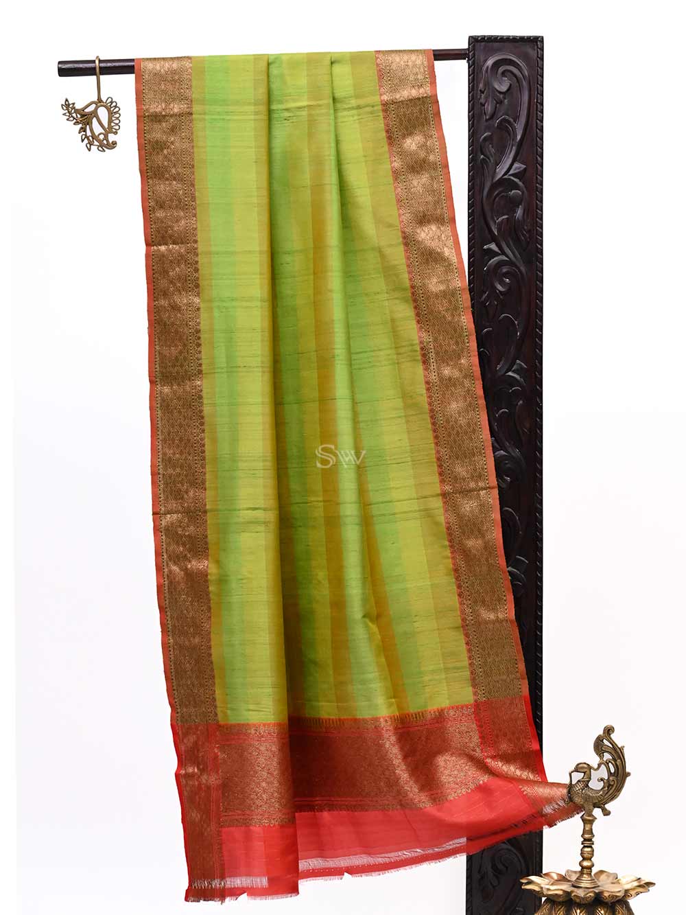 Parrot Green Tussar Silk Handloom Banarasi Dupatta - Sacred Weaves