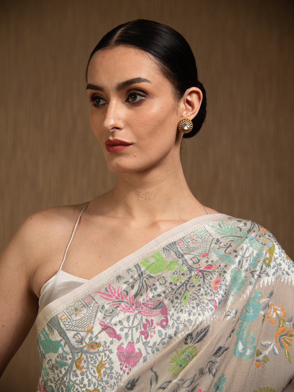 Off White Tussar Georgette Handloom Banarasi Saree