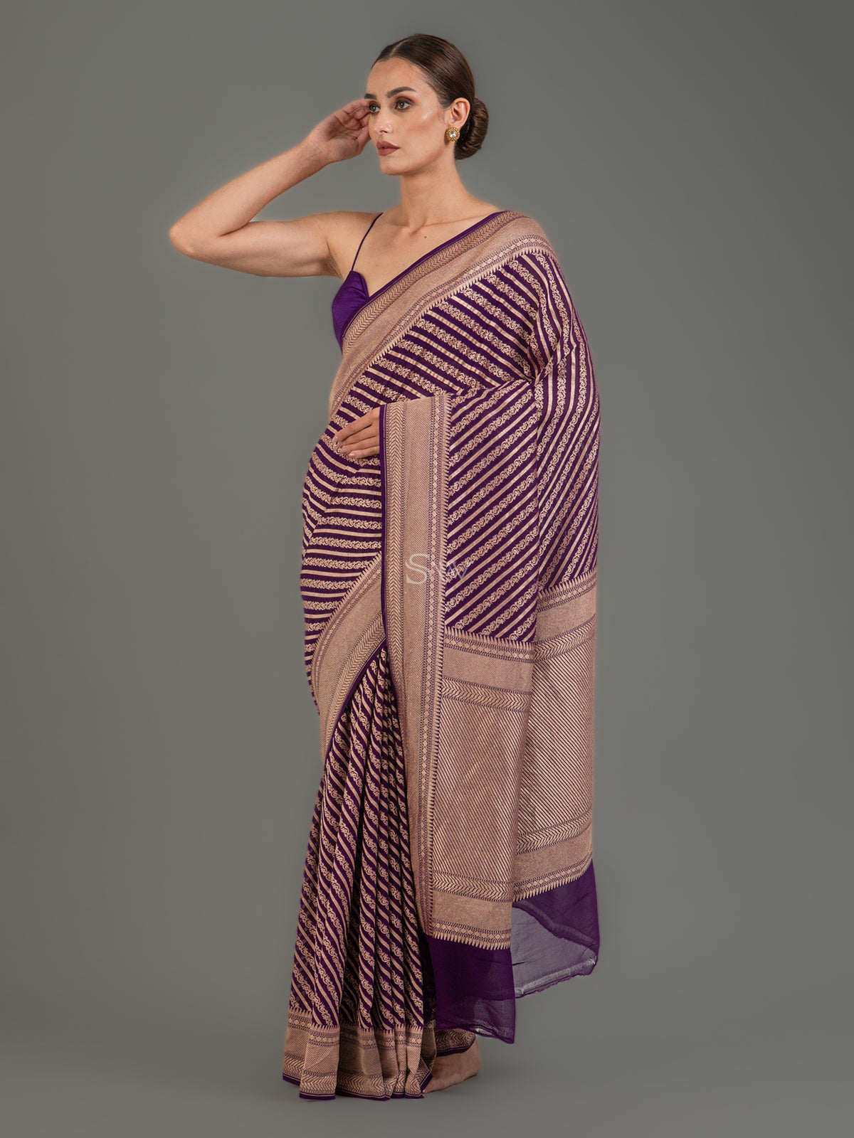 Purple Stripe Khaddi Georgette Handloom Banarasi Saree - Sacred Weaves